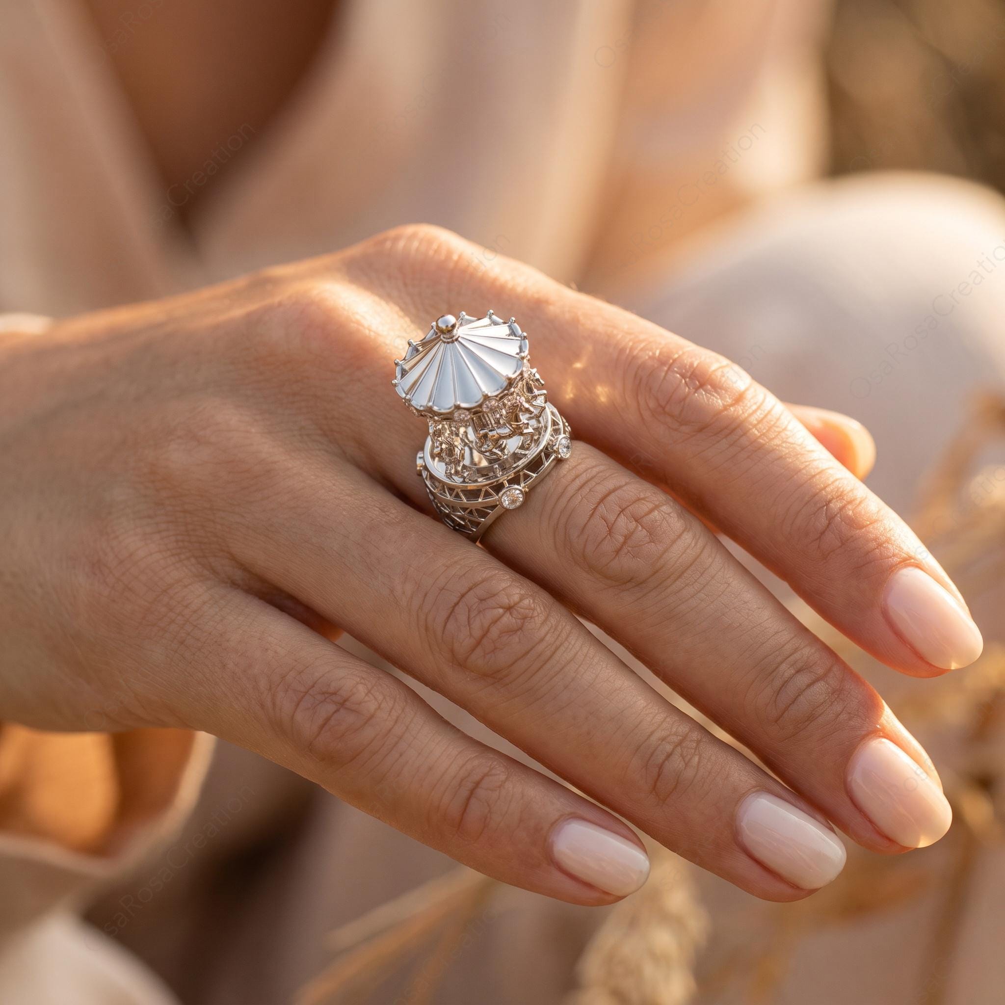 3D Carousel Dome Ring, Platinum-Plated Brass, Cubic Zirconia Fairytale Jewelry
