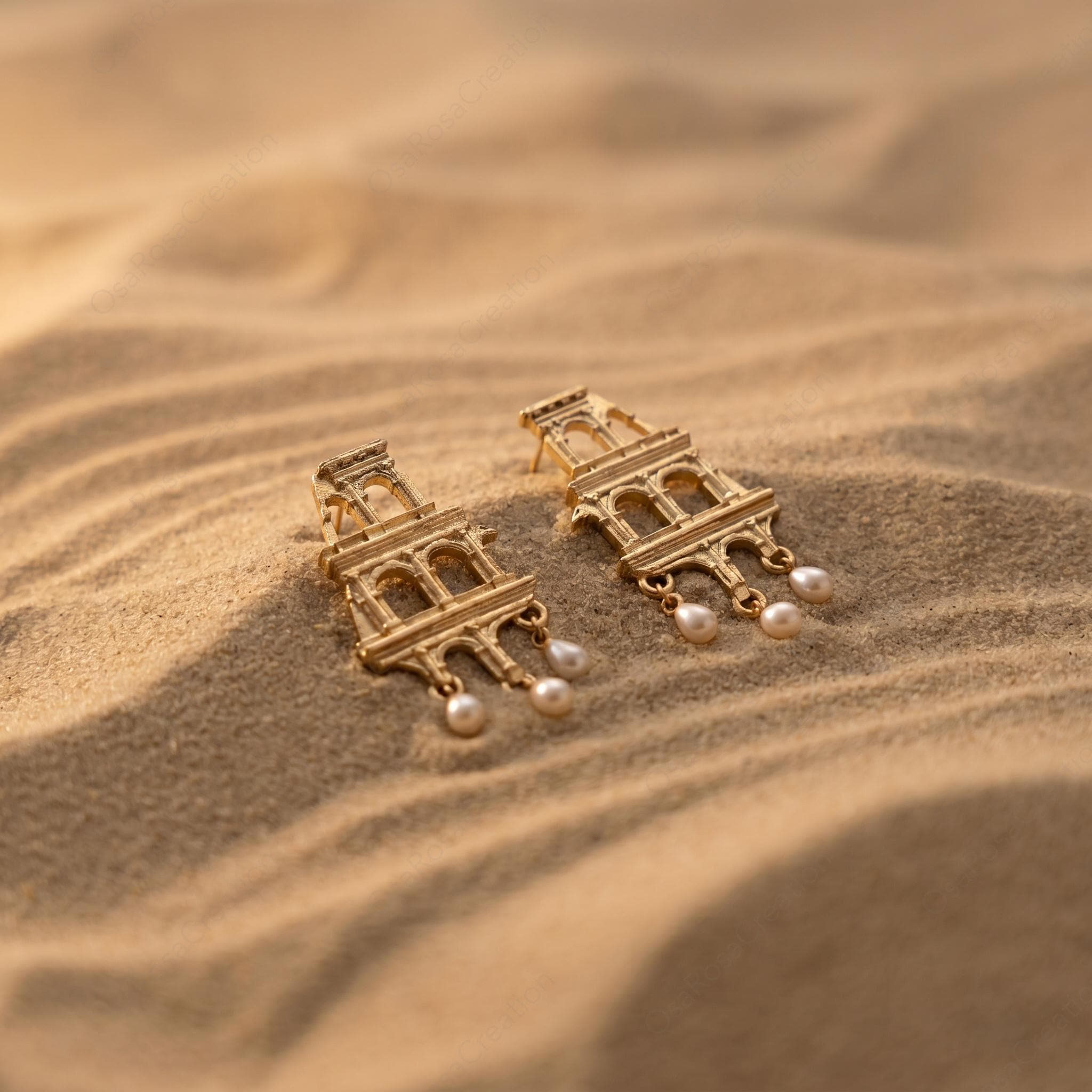 Gold Colosseum Earrings | Roman Architecture Pearl Dangle Earrings | Ancient History Jewelry | Statement Earrings | Gift for Her