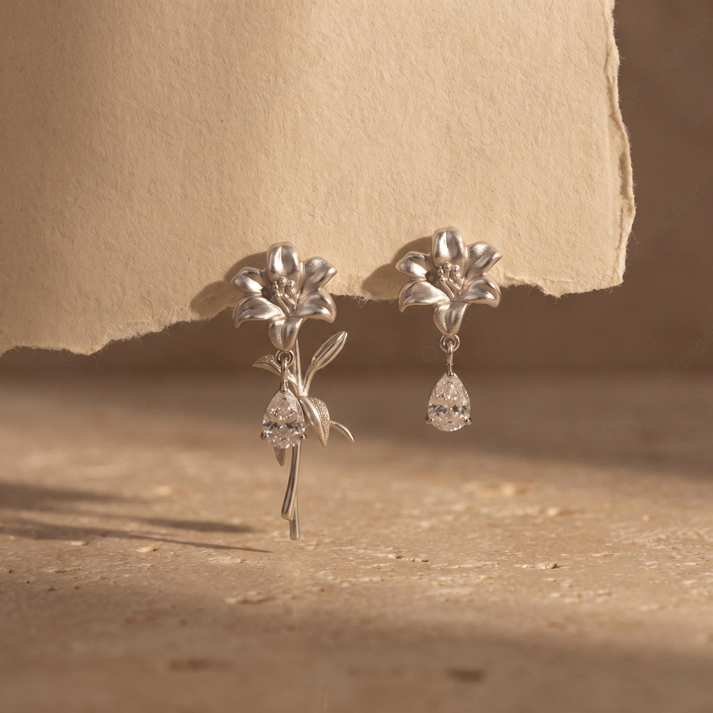 Asymmetrical Lily Earrings, Silver Floral Drop Earrings, Botanical Jewelry, Teardrop Crystal Earrings