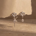 Asymmetrical Lily Earrings, Silver Floral Drop Earrings, Botanical Jewelry, Teardrop Crystal Earrings
