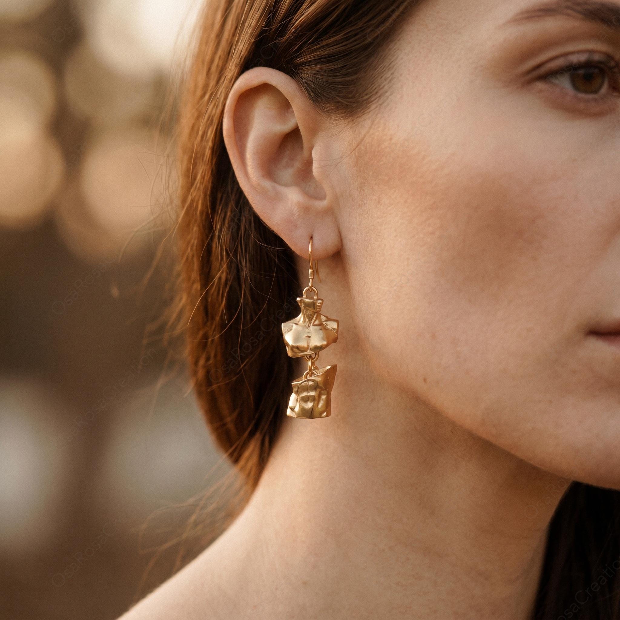 Gold Venus & David Fragment Earrings | Louvre Inspired Sculpture Jewelry | Vintage Greek Roman Bust Dangle Earrings