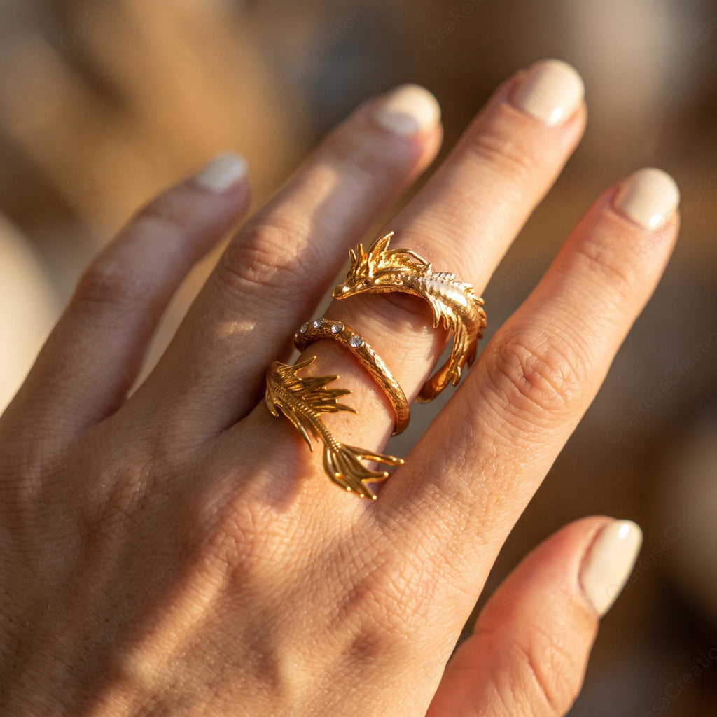 Gold Dragon Ring, Sculptural Wrap Ring, Elegant Mythical Jewelry, Artistic Animal Ring, Delicate Crystal Ring, Quiet Luxury Statement Piece