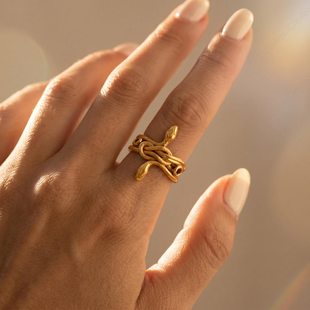 Sculptural Gold Snake Ring, Textured Serpent Animal Jewelry, Ancient Style Statement Ring