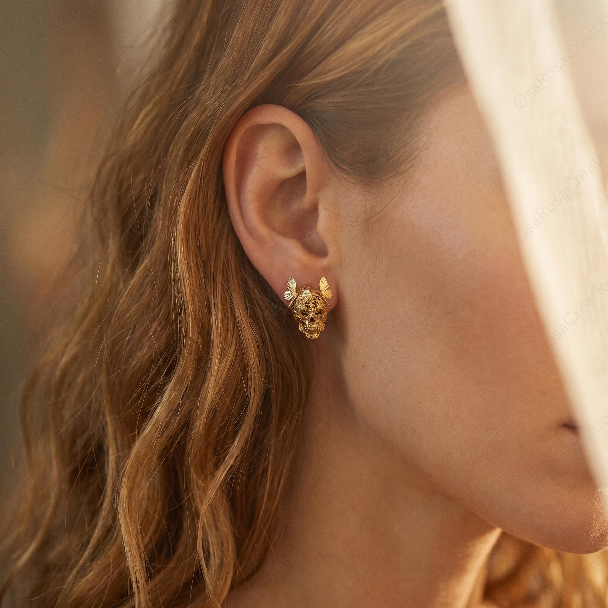Gold Skull Butterfly Studs • Gothic Filigree Earrings, Sterling Silver Post· Fresh start gift