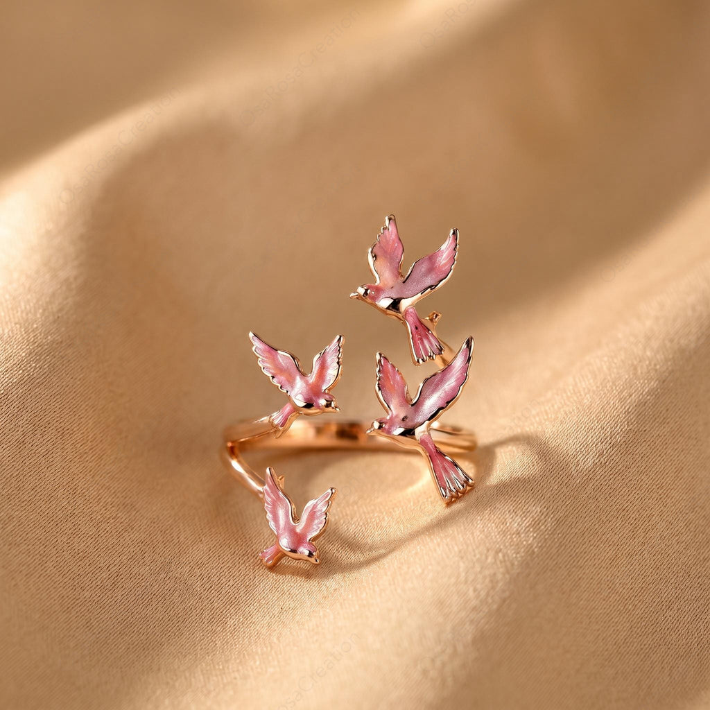 Pink Enamel Bird Ring, Gold Flying Swallow Wrap Ring, Nature Inspired Open Band, Poetic Animal Jewelry, Romantic Spring Gift for Her