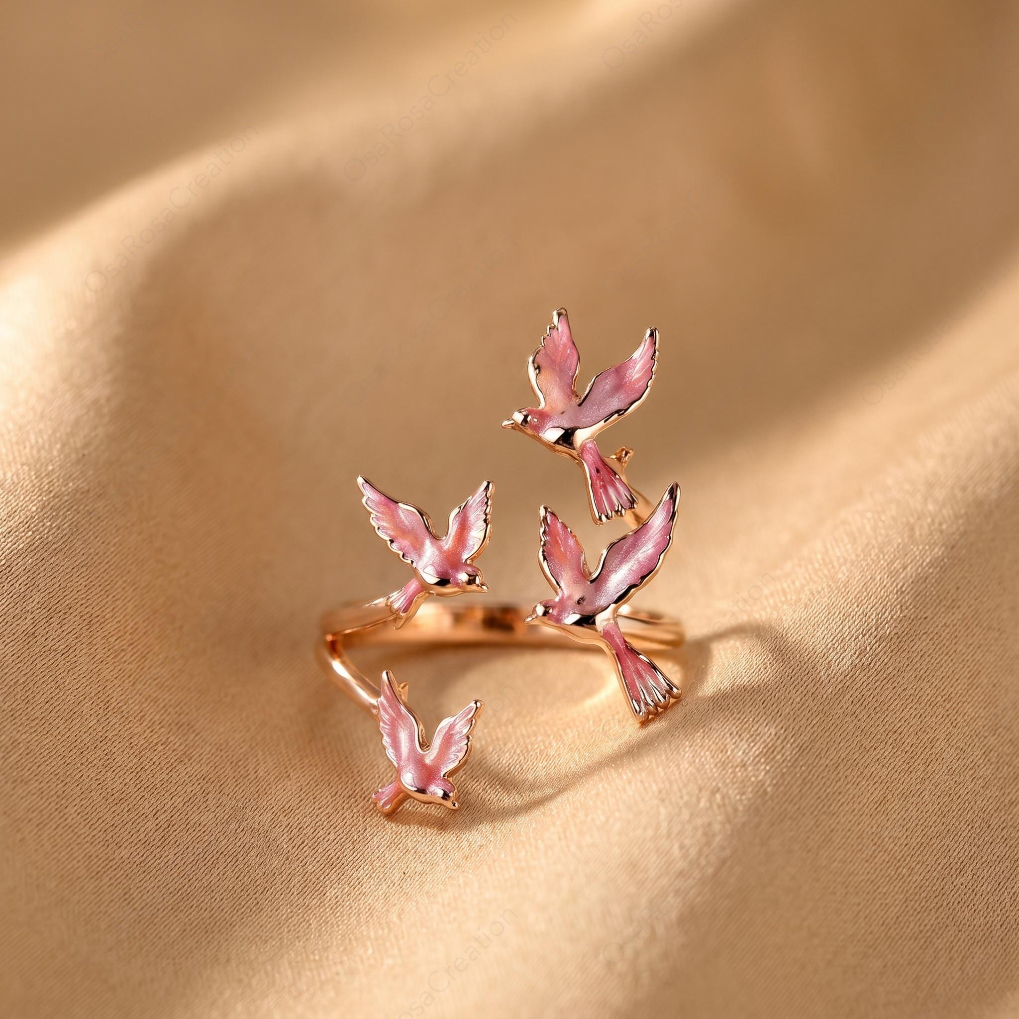 Pink Enamel Bird Ring, Gold Flying Swallow Wrap Ring, Nature Inspired Open Band, Poetic Animal Jewelry, Romantic Spring Gift for Her