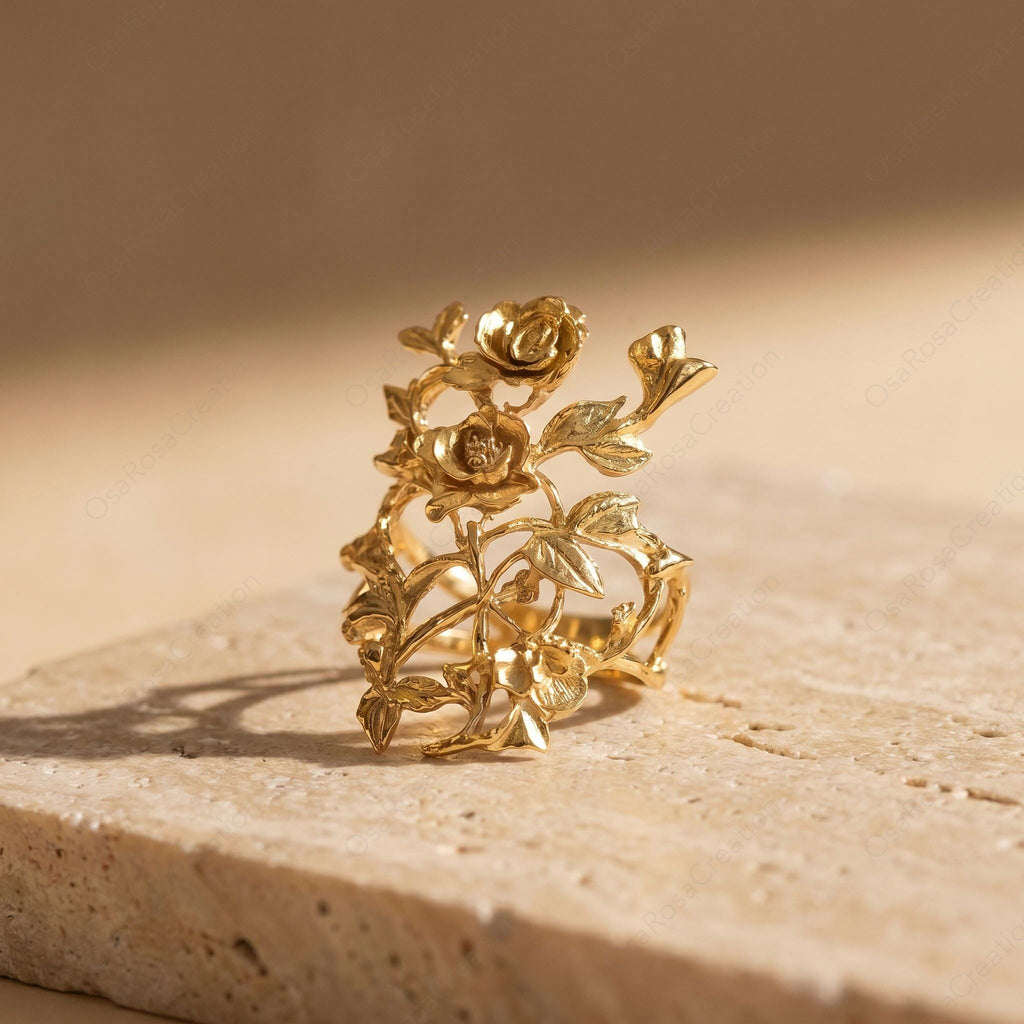 Rose Adjustable Ring Gold Floral Design | Open Botanical Ring Baroque Style | Elegant Flower Ring for Women