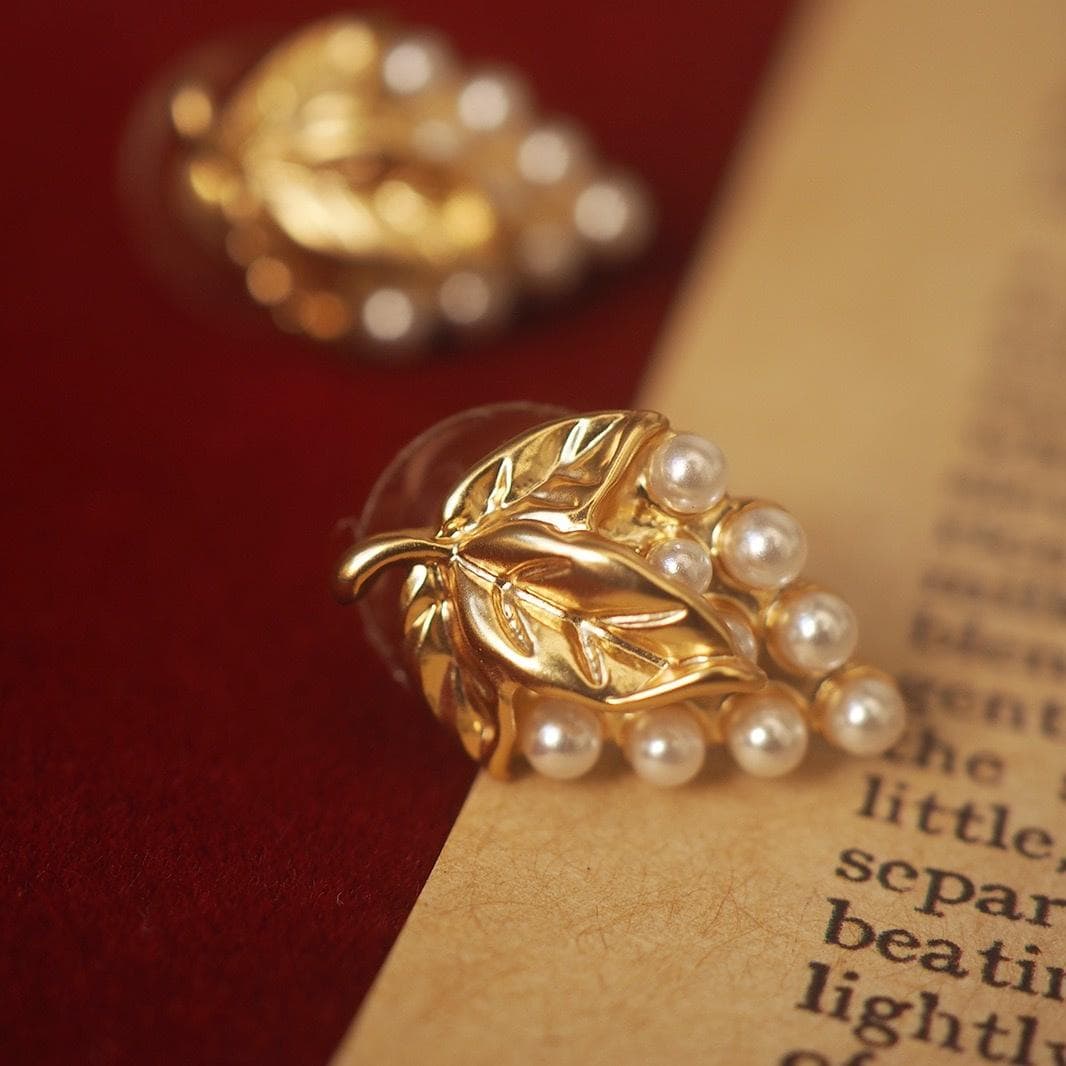 Gold Grape Pearl Stud Earrings, Vintage Botanical Dionysus Jewelry