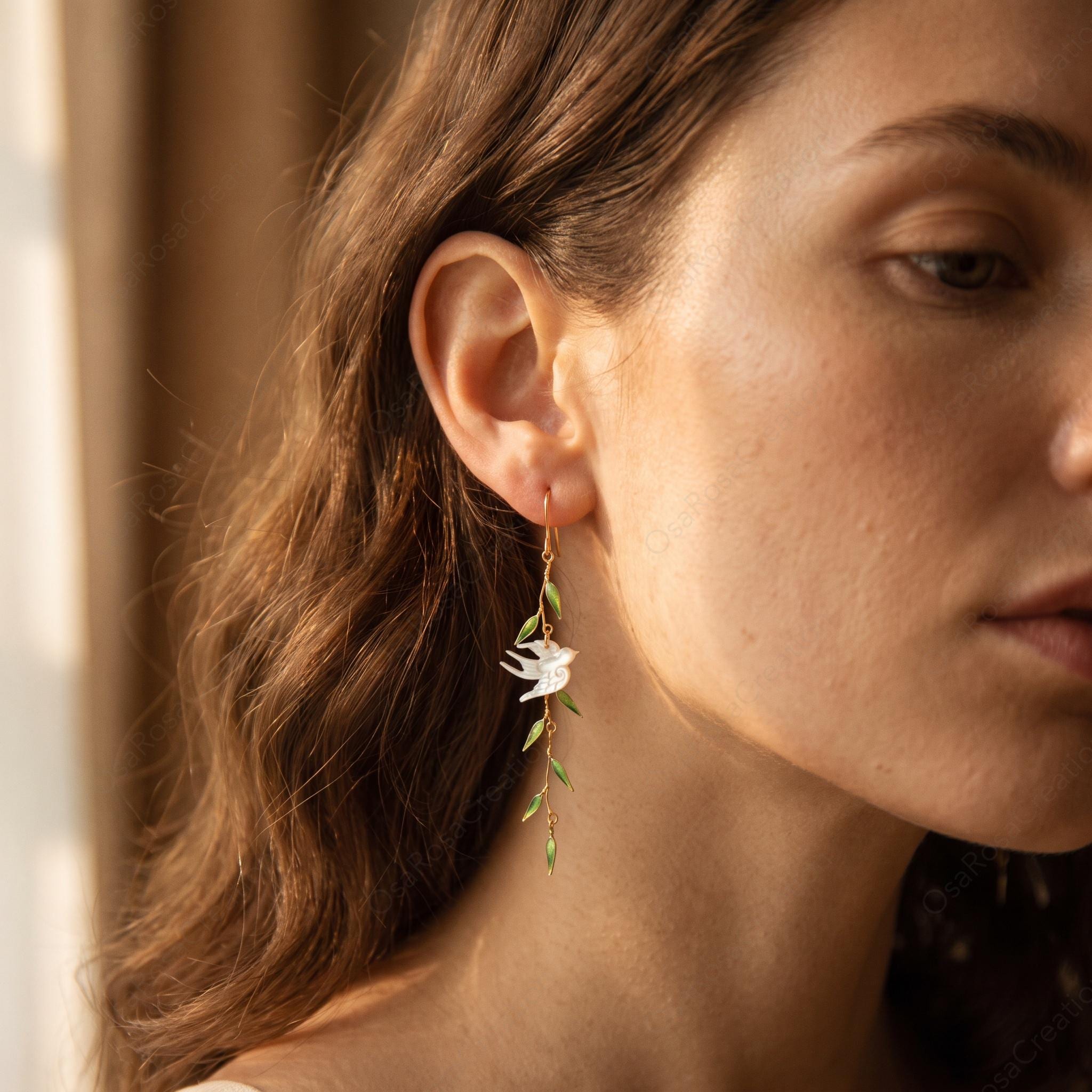 Mother of Pearl Bird Earrings, Gold Enamel Leaf Vine Dangle Jewelry