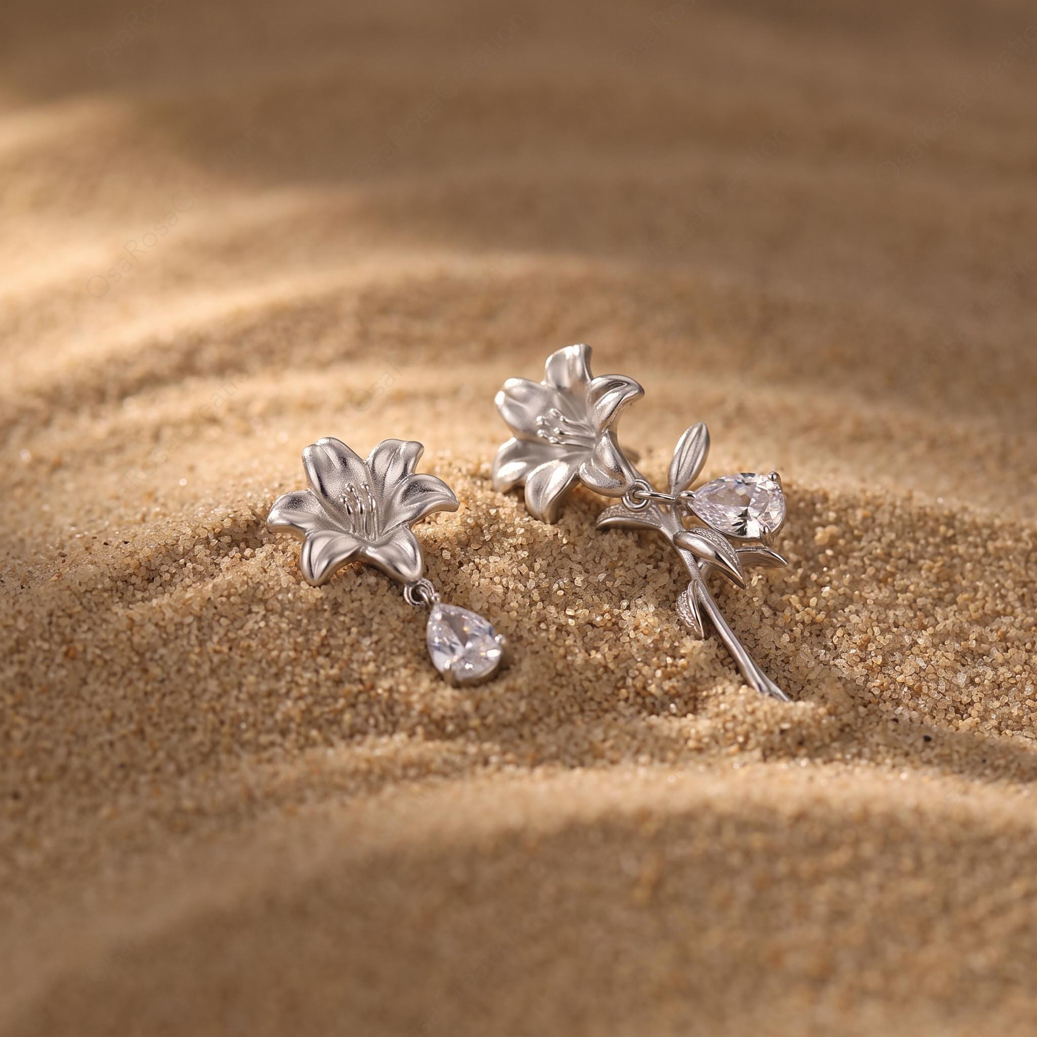 Asymmetrical Lily Earrings, Silver Floral Drop Earrings, Botanical Jewelry, Teardrop Crystal Earrings