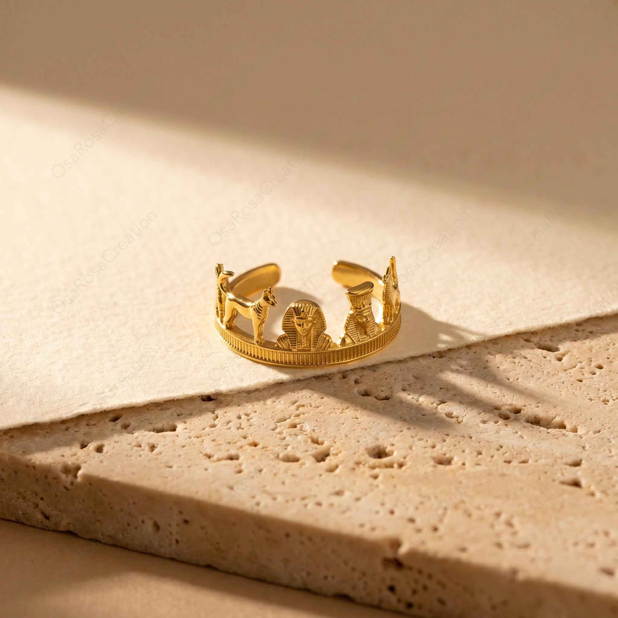 Gold Anubis Pharaoh Ring, Sculptural Statement Jewelry, Copper Plated Band