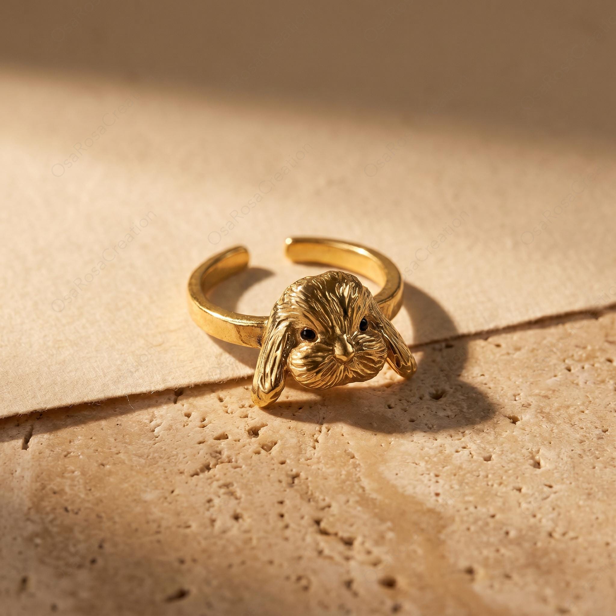 Sculptural Lop Bunny Ring, Gold Plated Brass, Vintage Style Animal Jewelry