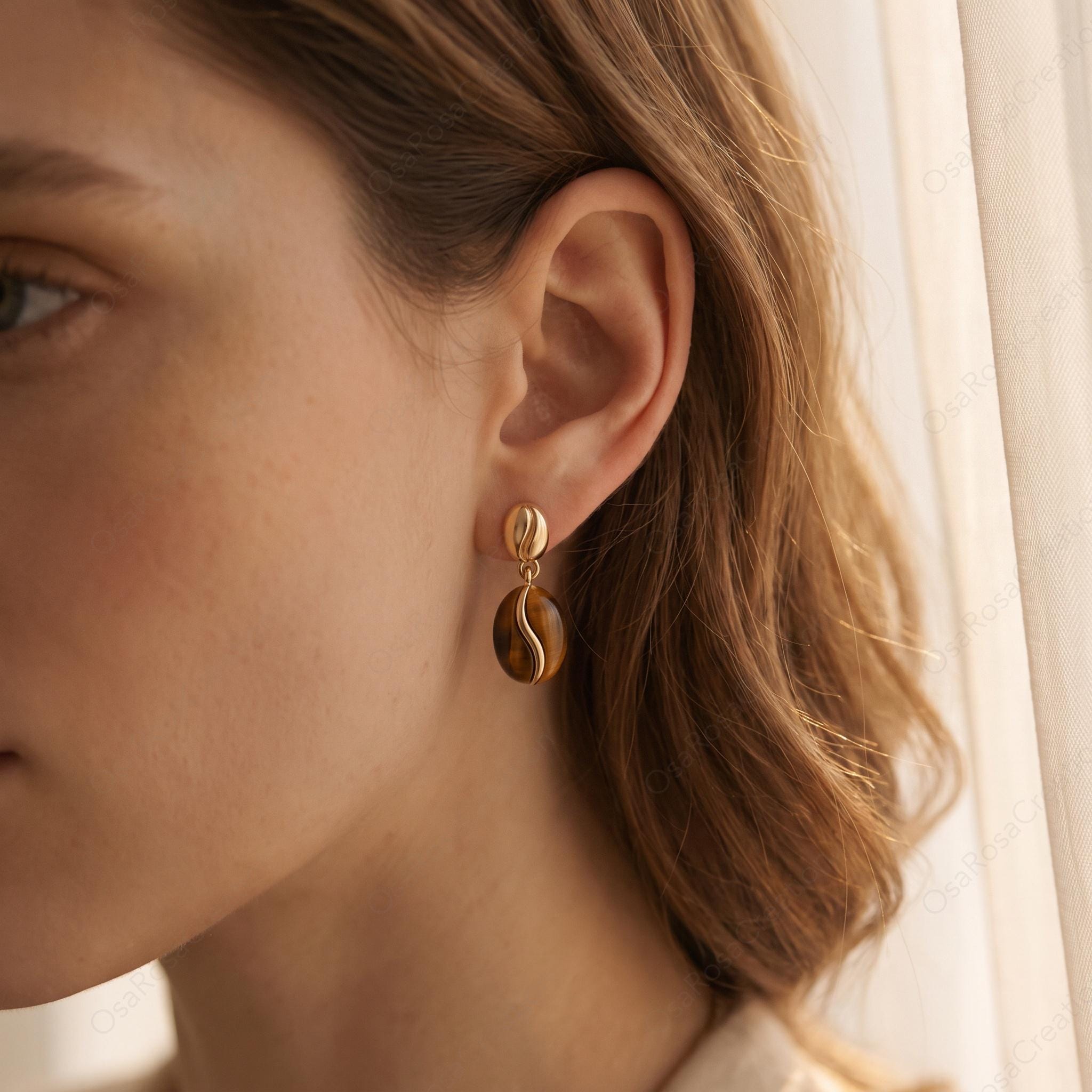 Sculptural Coffee Bean Earrings, Faux Tiger's Eye, Gold Plated Copper, 925 Sterling Silver Post