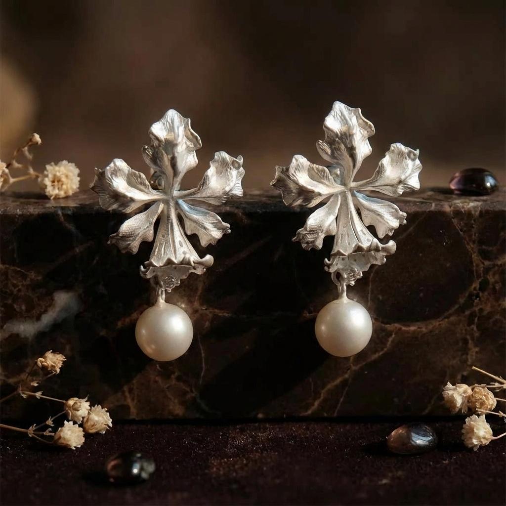 Matte Silver Orchid Pearl Drop Earrings • Botanical Bridal Jewelry