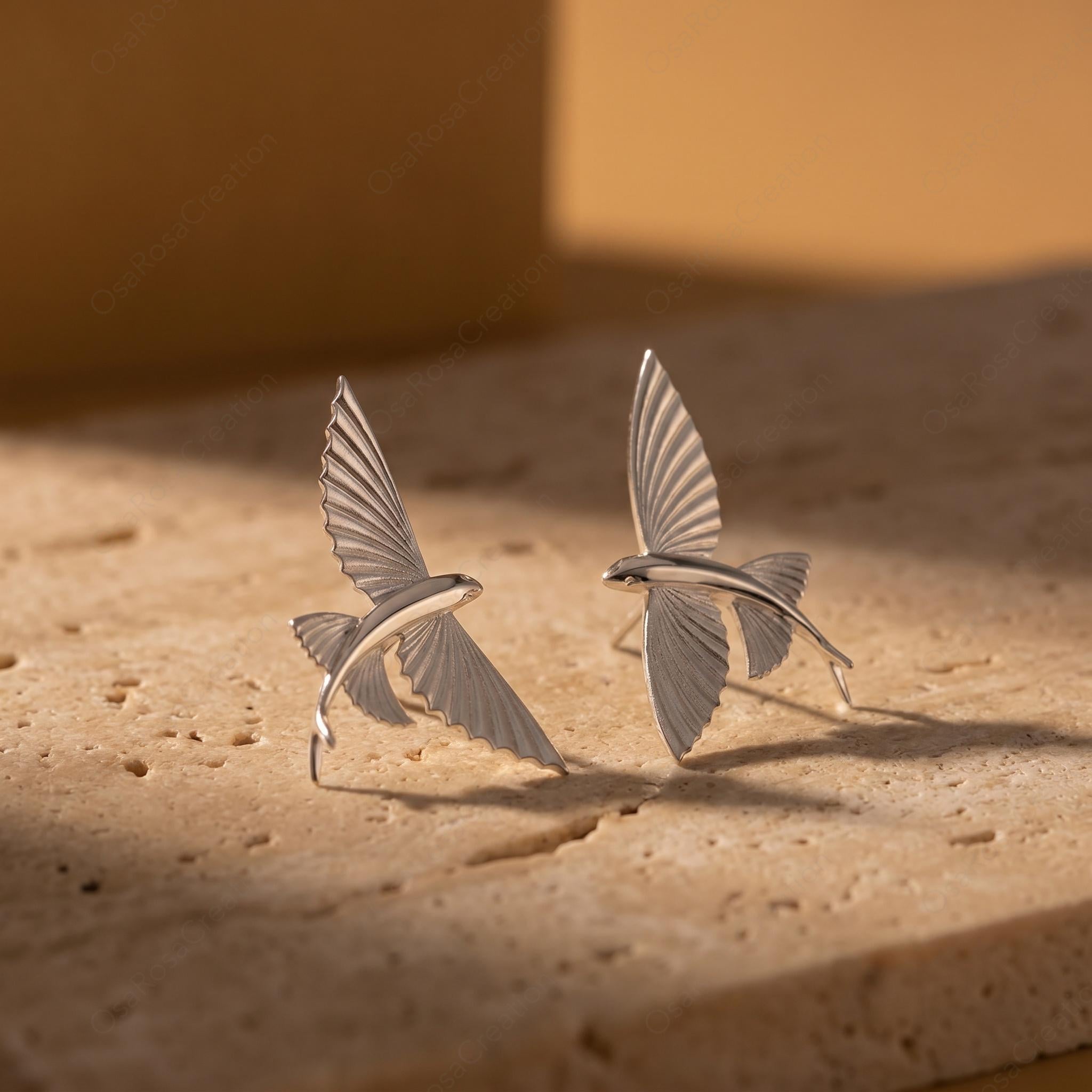 Sculptural Flying Fish Earrings, Silver Ocean Inspired Studs, Artistic Marine Life Jewelry, Nature Inspired Coastal Accessories