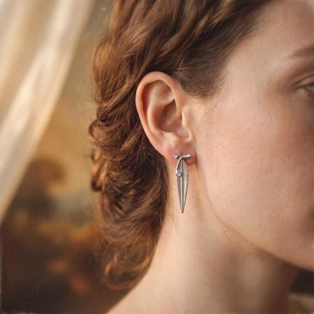 Sculptural Silver Leaf Drop Earrings, Botanical Nature Inspired Dangle Jewelry