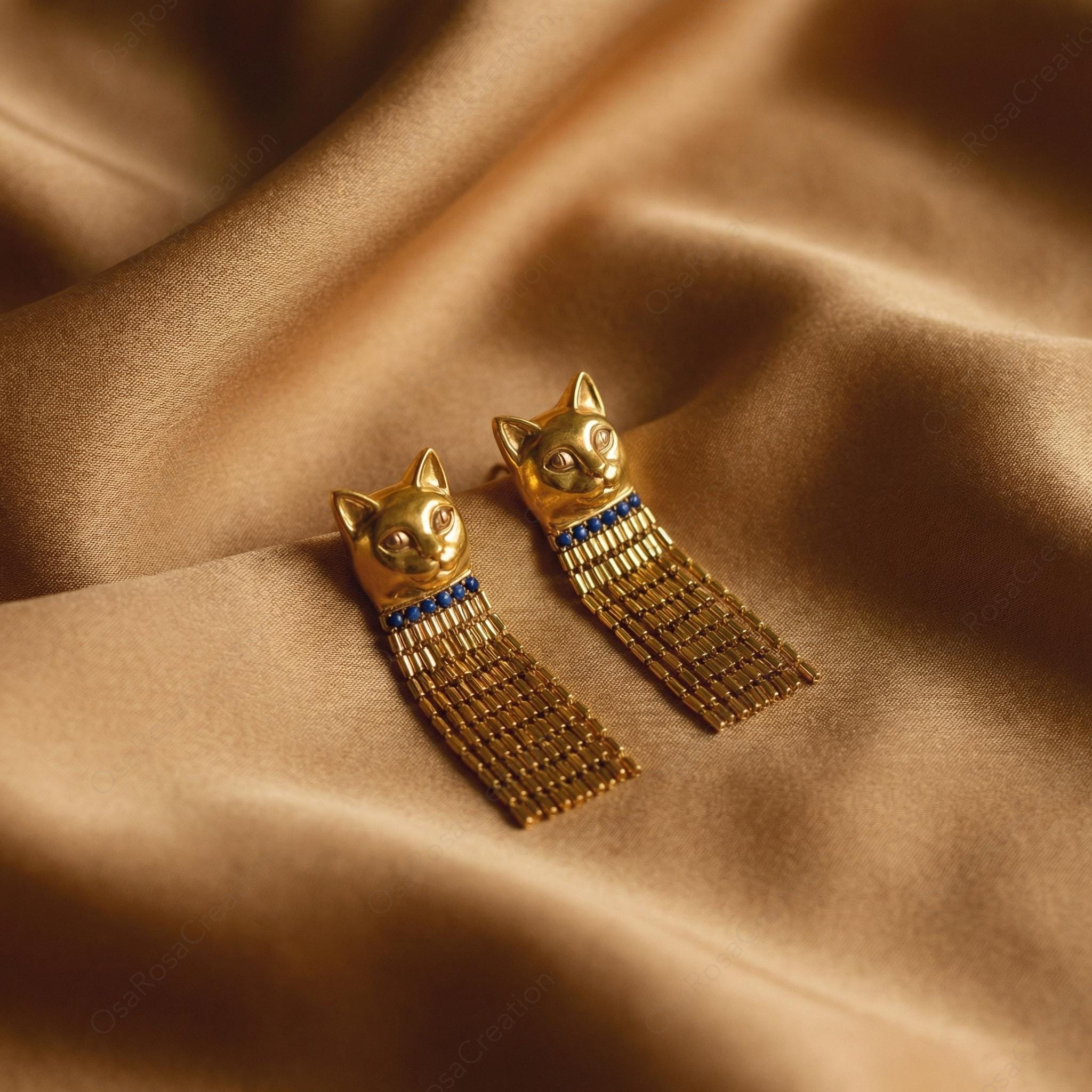 Sculptural Gold Cat Tassel Earrings Vintage Style Feline Fringe Drop Statement Jewelry