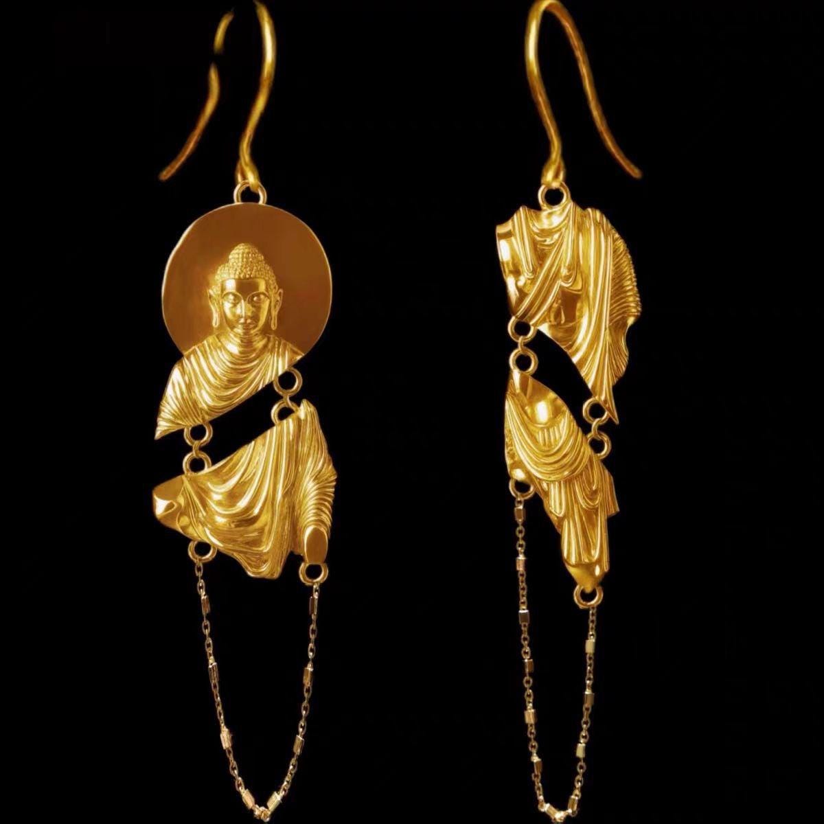 Buddha Dangle Earrings, Gold Plated Brass Statement Earrings, 925 Sterling Silver Hooks, Sacred Wisdom Talisman, Unique Art Jewelry