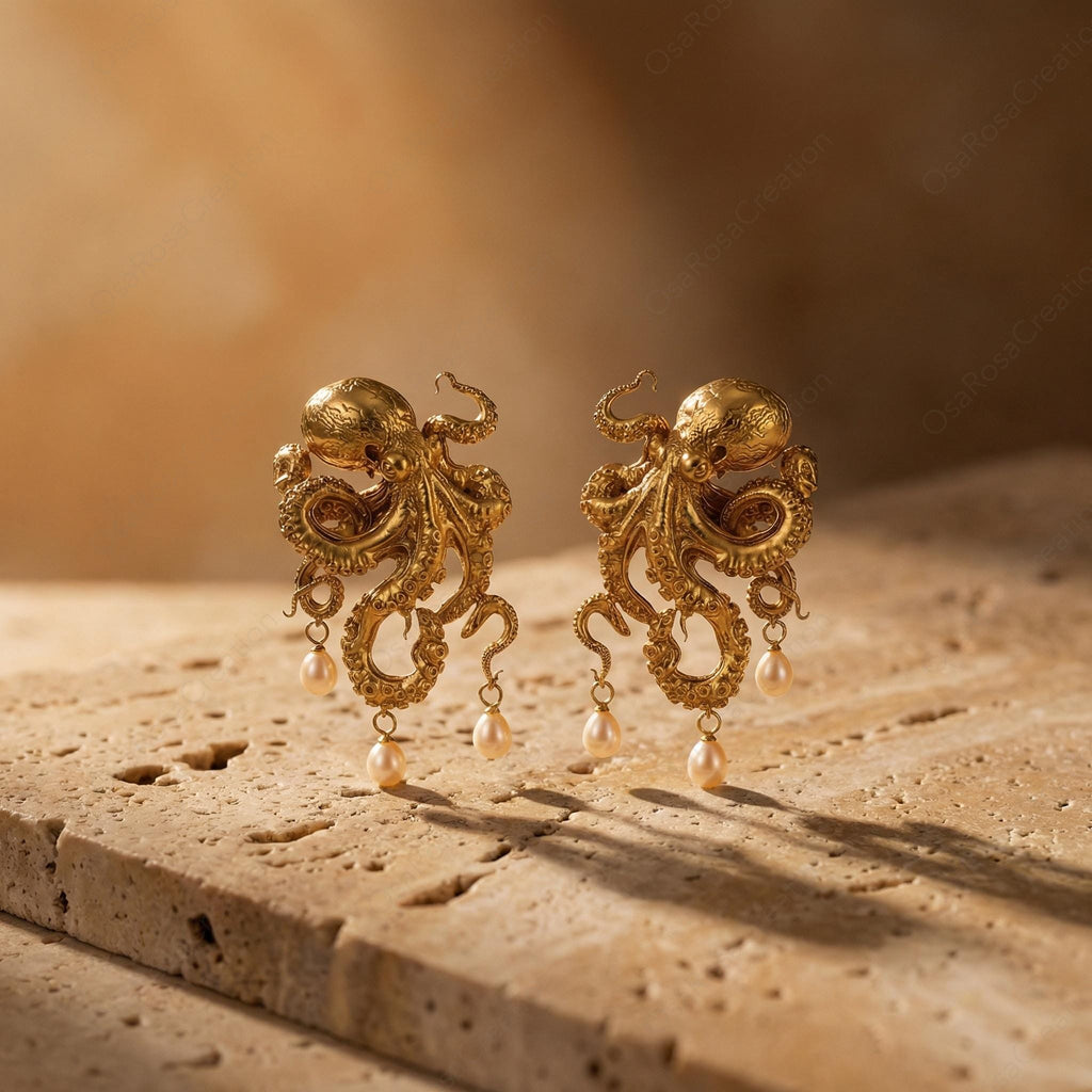 Sculptural Gold Octopus Earrings with Pearl Drops – Artistic Marine Jewelry