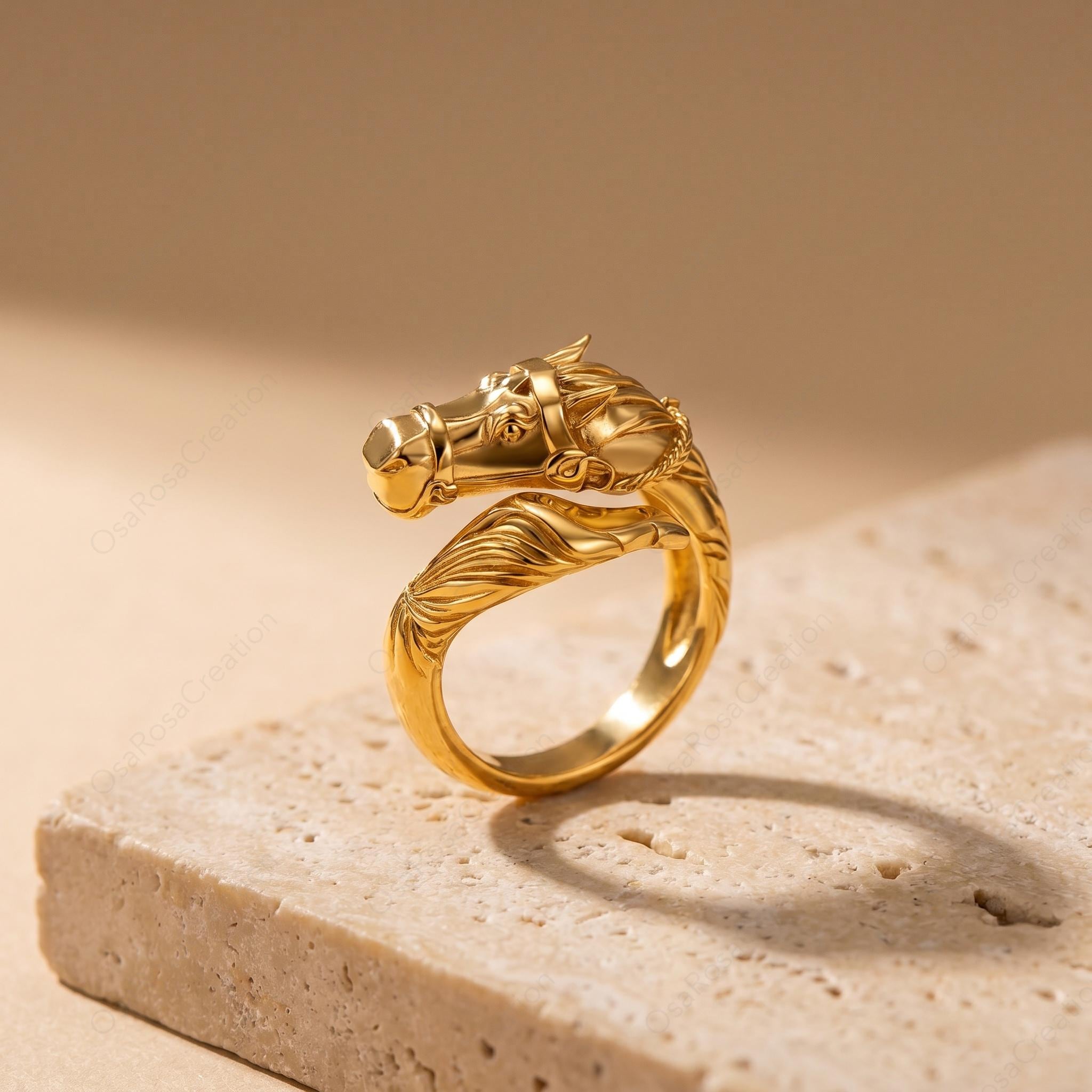 Sculptural Gold Horse Wrap Ring, Equestrian Animal Jewelry, Vintage Style Statement Piece