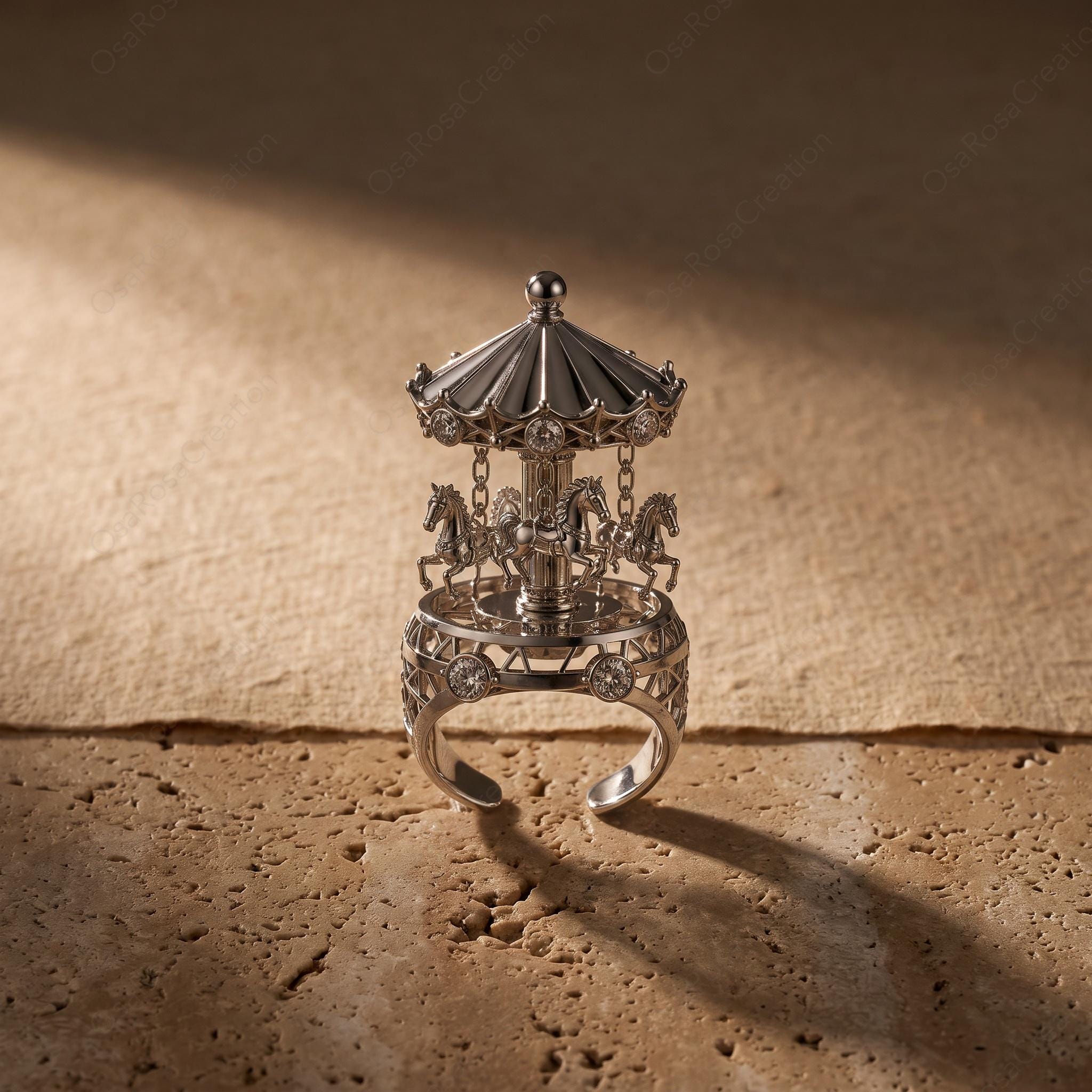 3D Carousel Dome Ring, Platinum-Plated Brass, Cubic Zirconia Fairytale Jewelry