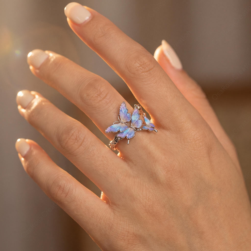 Enamel Butterfly Ring, Platinum-Plated Brass Branch Band, Nature Inspired Jewelry