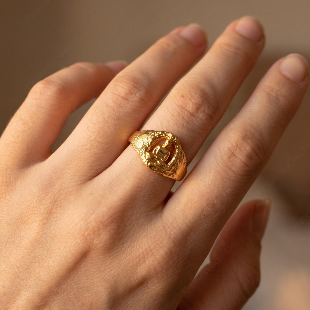Gold Buddha Ring, Sculptural Zen Meditation Jewelry, Hollow Out Statement Ring