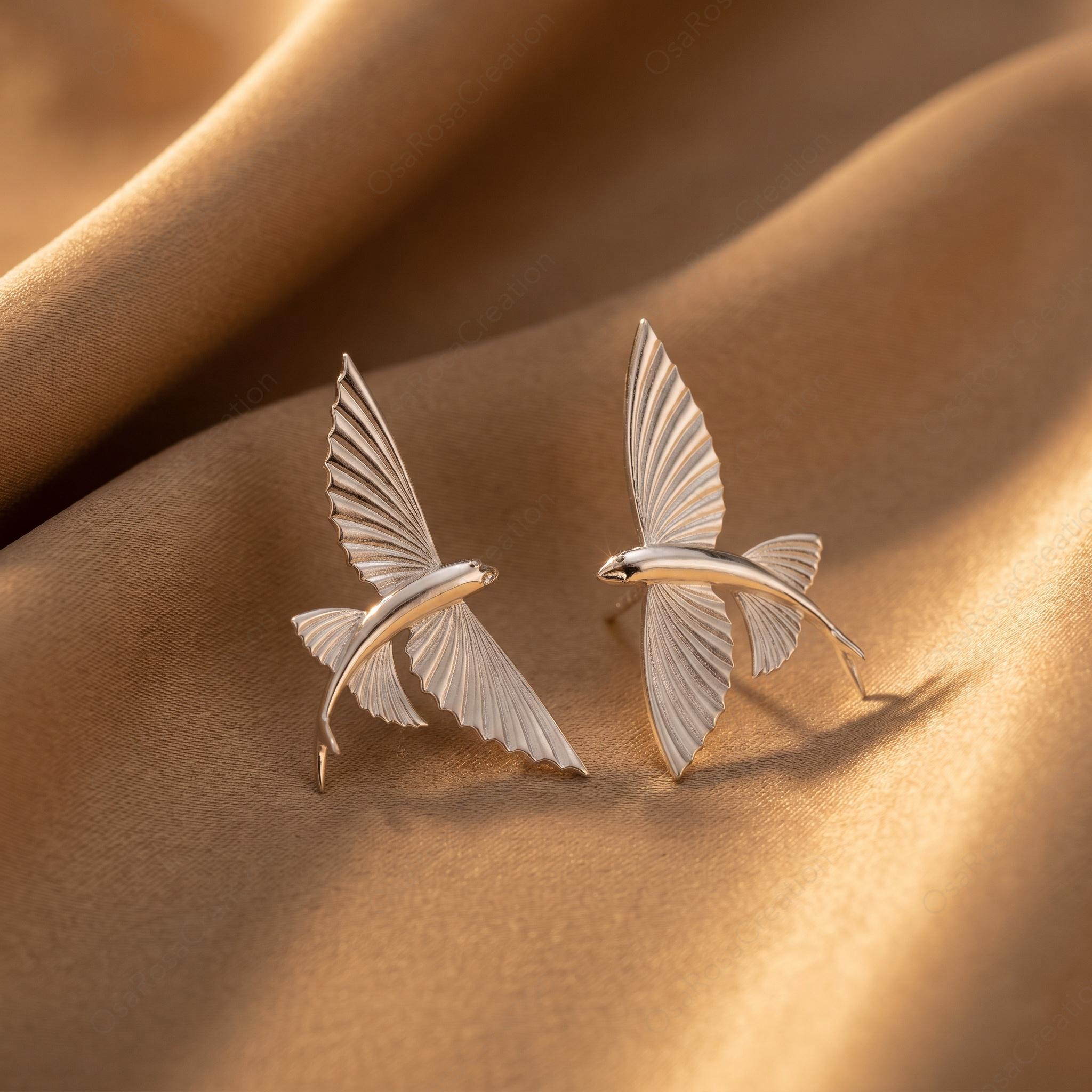 Sculptural Flying Fish Earrings, Silver Ocean Inspired Studs, Artistic Marine Life Jewelry, Nature Inspired Coastal Accessories