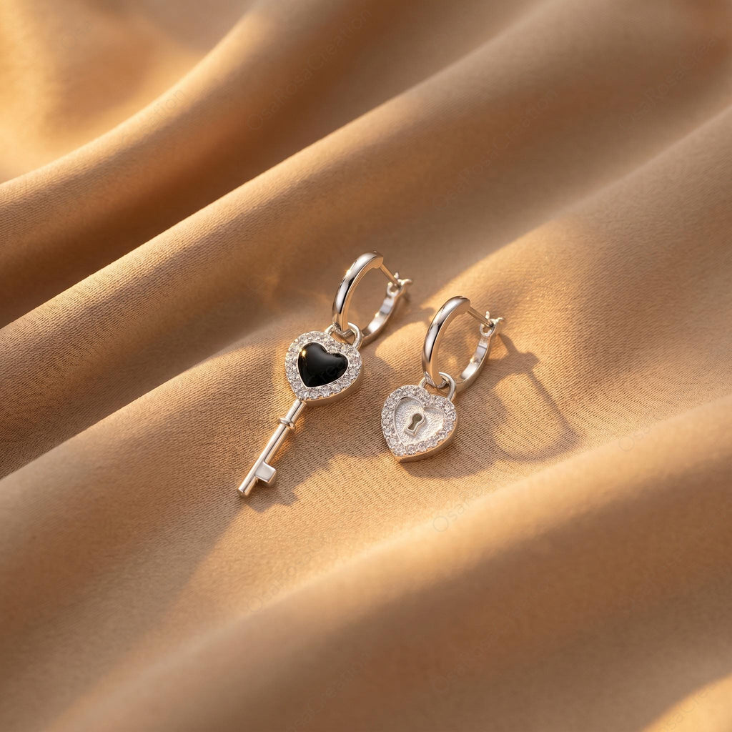 Asymmetrical Lock and Key Heart Earrings, Sterling Silver Mismatched Hoop Jewelry