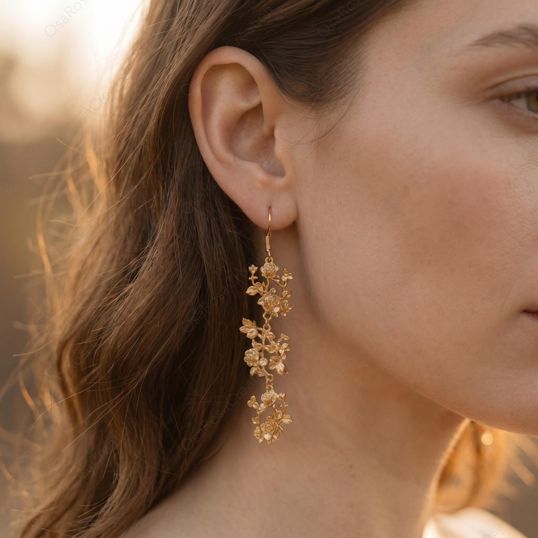 Handcrafted Floral Gold Earrings | 925 Silver Hook or Clip | Vintage Flower Dangle Earring| Christmas gift