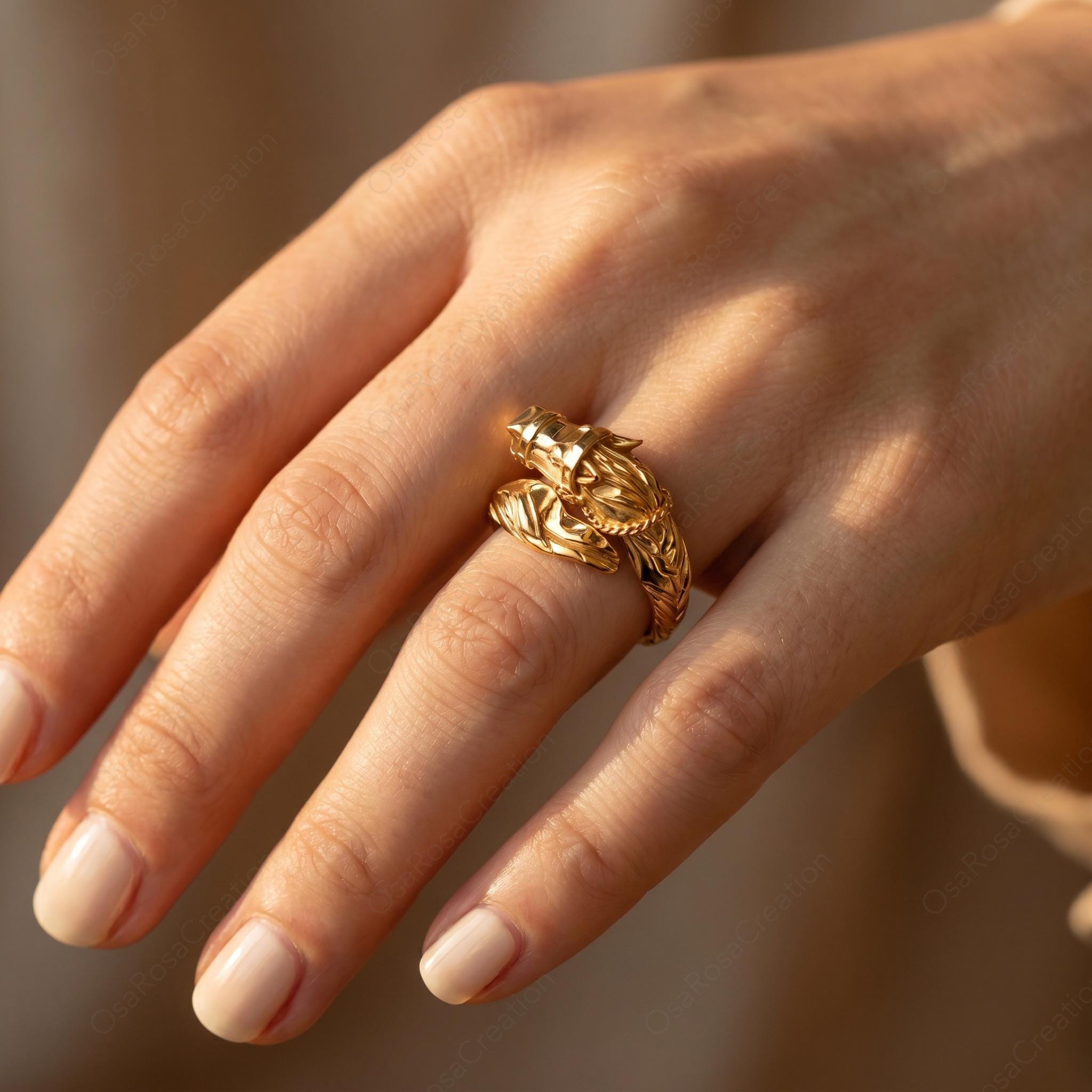 Sculptural Gold Horse Wrap Ring, Equestrian Animal Jewelry, Vintage Style Statement Piece