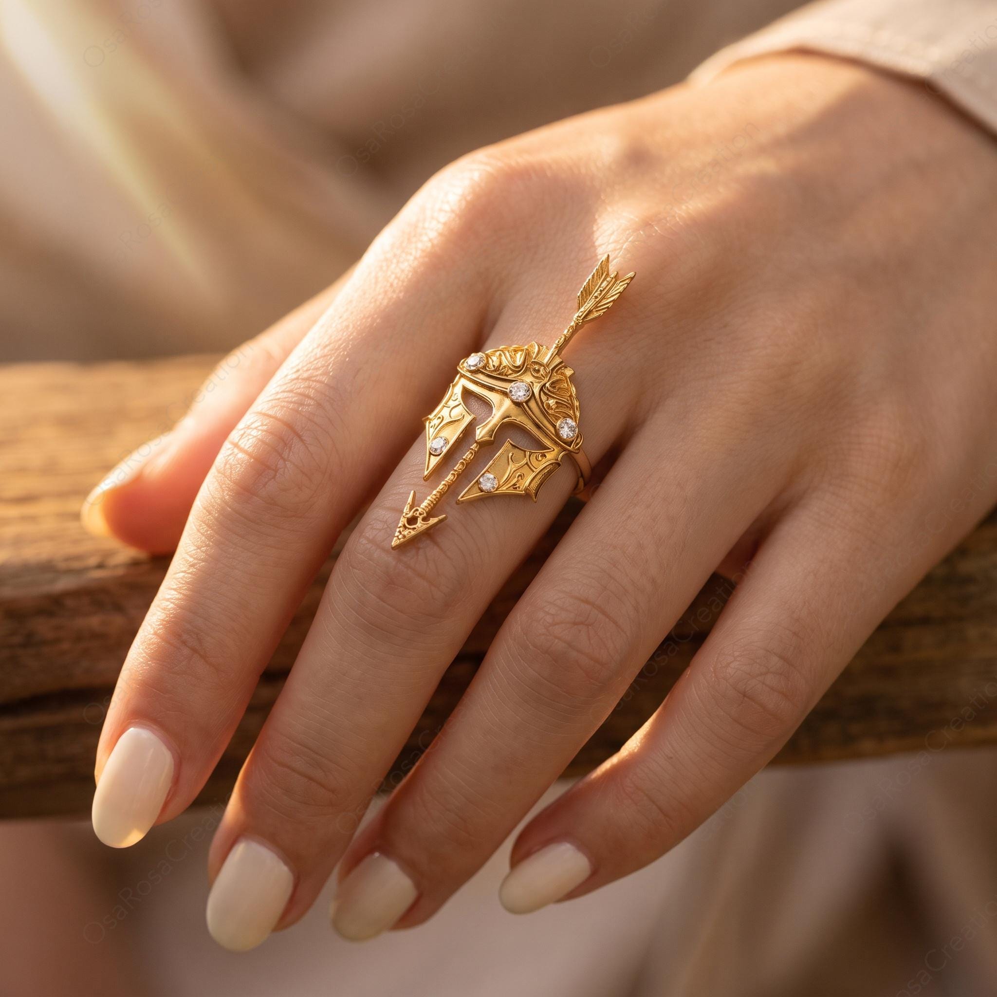 Spartan Helmet Gold Ring, Arrow Pierced Armor Jewelry, Classical Warrior Statement Ring, Sculptural Ancient Greek Inspired Ring