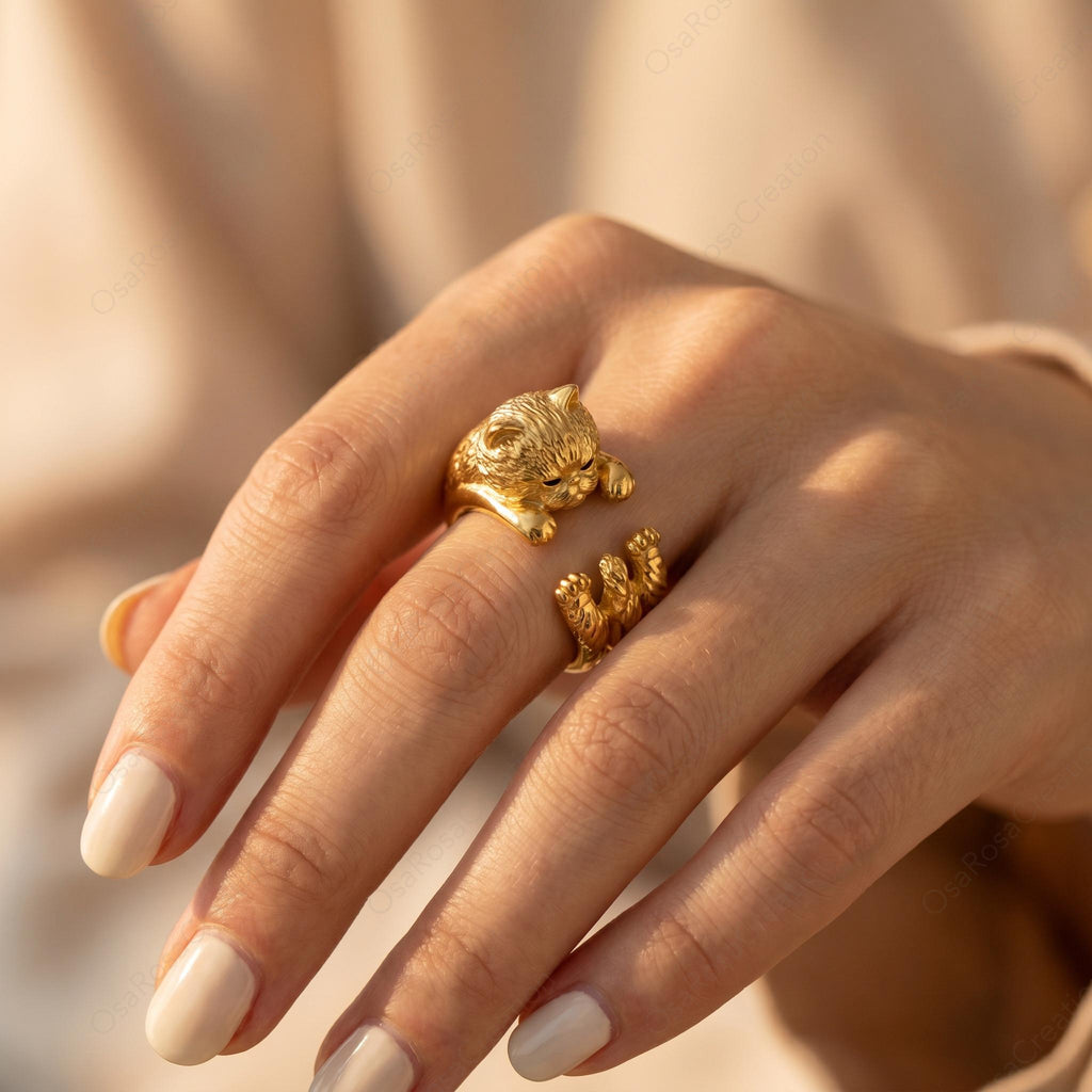 Sculptural Gold Cat Wrap Ring | Textured Feline Animal Jewelry