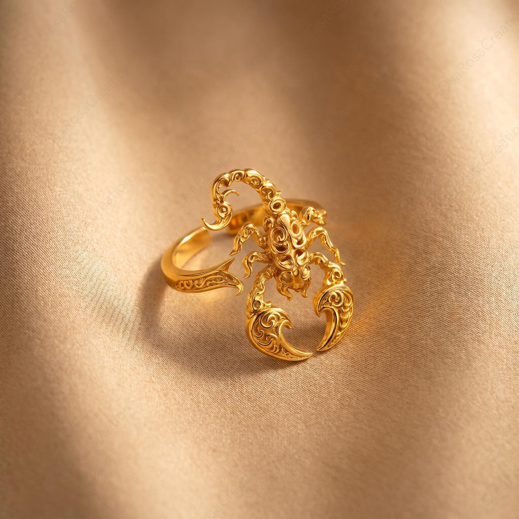 Gold Scorpion Ring, Baroque Engraved Animal Statement Jewelry, Adjustable Talisman Band