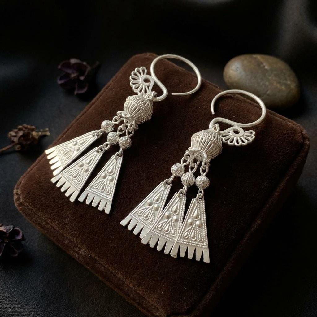 Matte Silver Tribal Tassel Earrings • Bohemian Fringe Jewelry