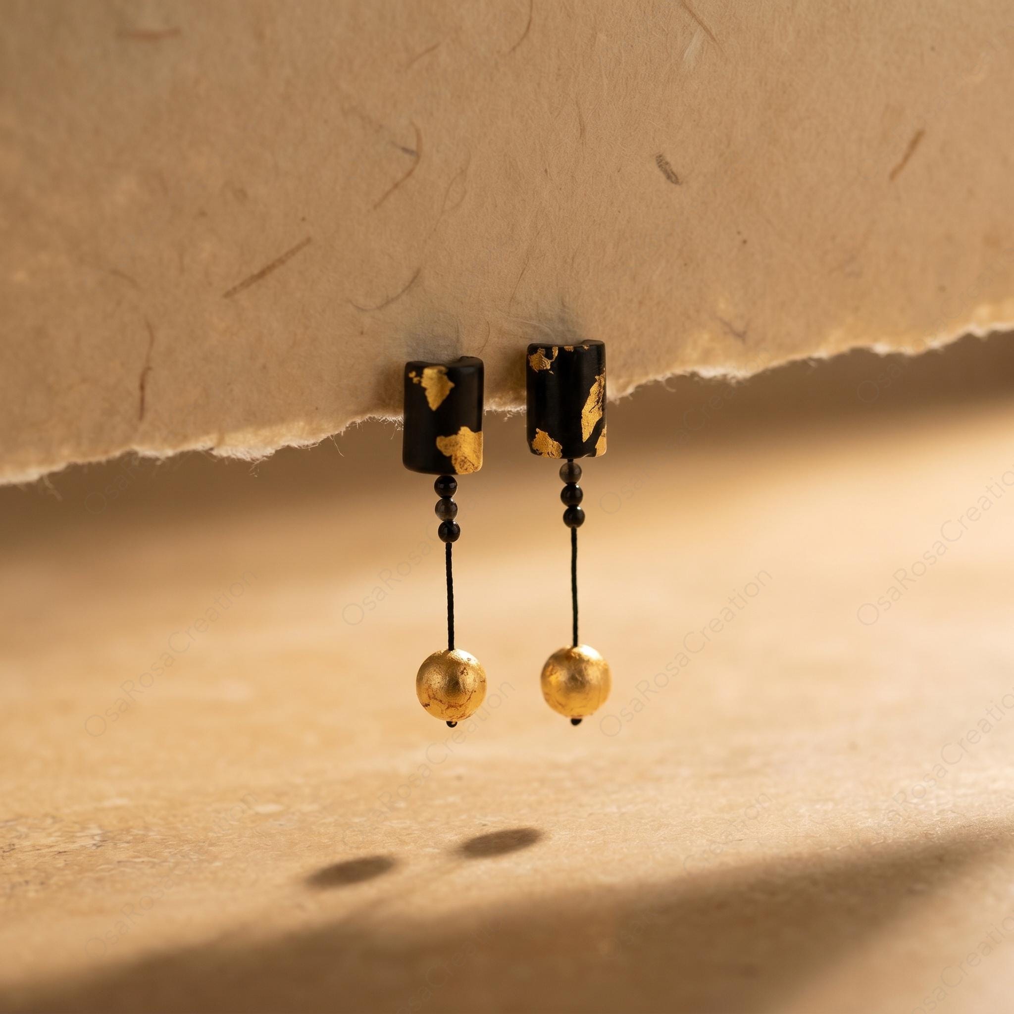 Black Gold Drop Earrings, Wabi Sabi Geometric Jewelry, Desert Inspired Statement Piece