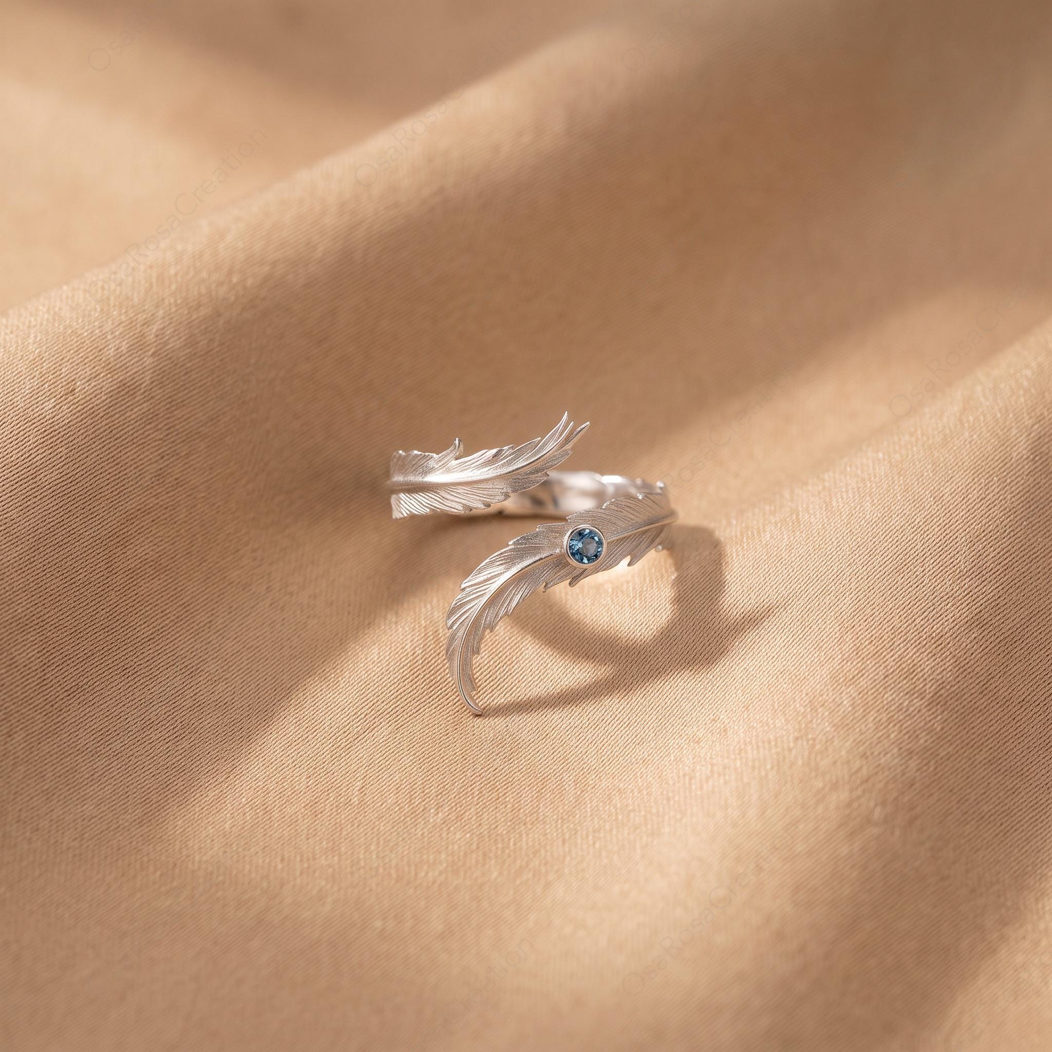 Silver Feather Wrap Ring, Blue Stone Adjustable Ring, Nature Inspired Jewelry, Quiet Luxury Silver Ring, Artistic Bohemian Ring