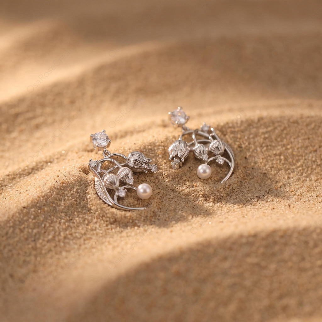 Silver Lily of the Valley Earrings, Pearl Drop Botanical Jewelry