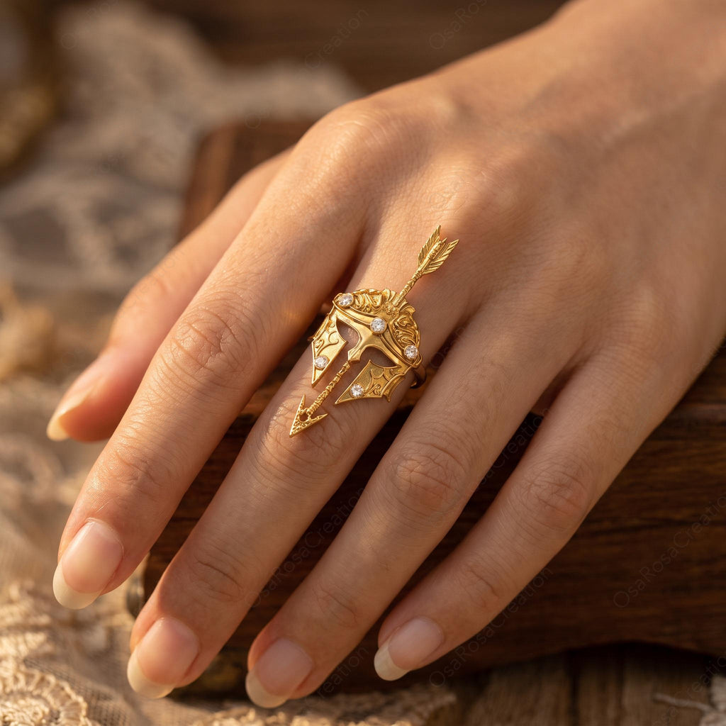 Spartan Helmet Gold Ring, Arrow Pierced Armor Jewelry, Classical Warrior Statement Ring, Sculptural Ancient Greek Inspired Ring
