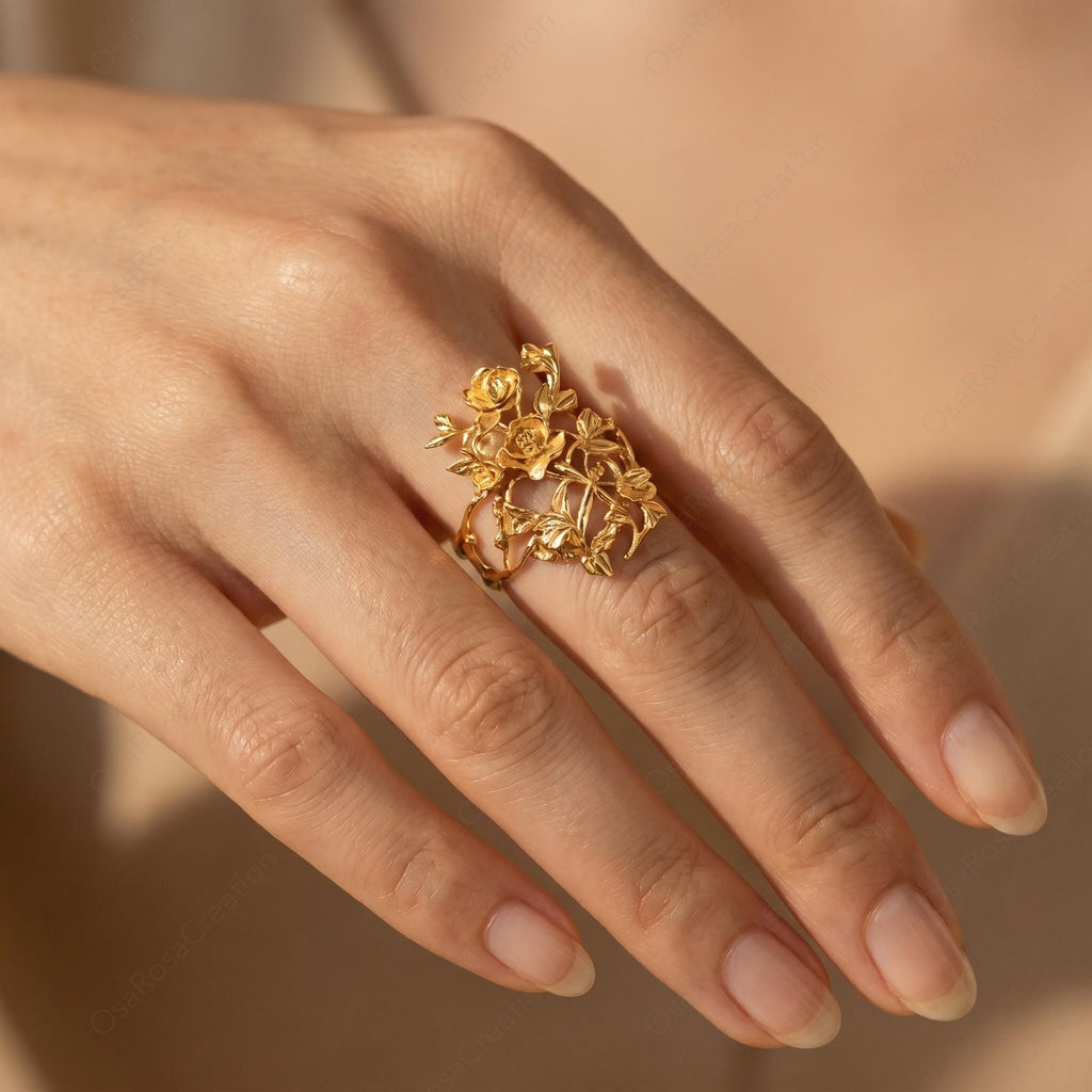 Rose Adjustable Ring Gold Floral Design | Open Botanical Ring Baroque Style | Elegant Flower Ring for Women