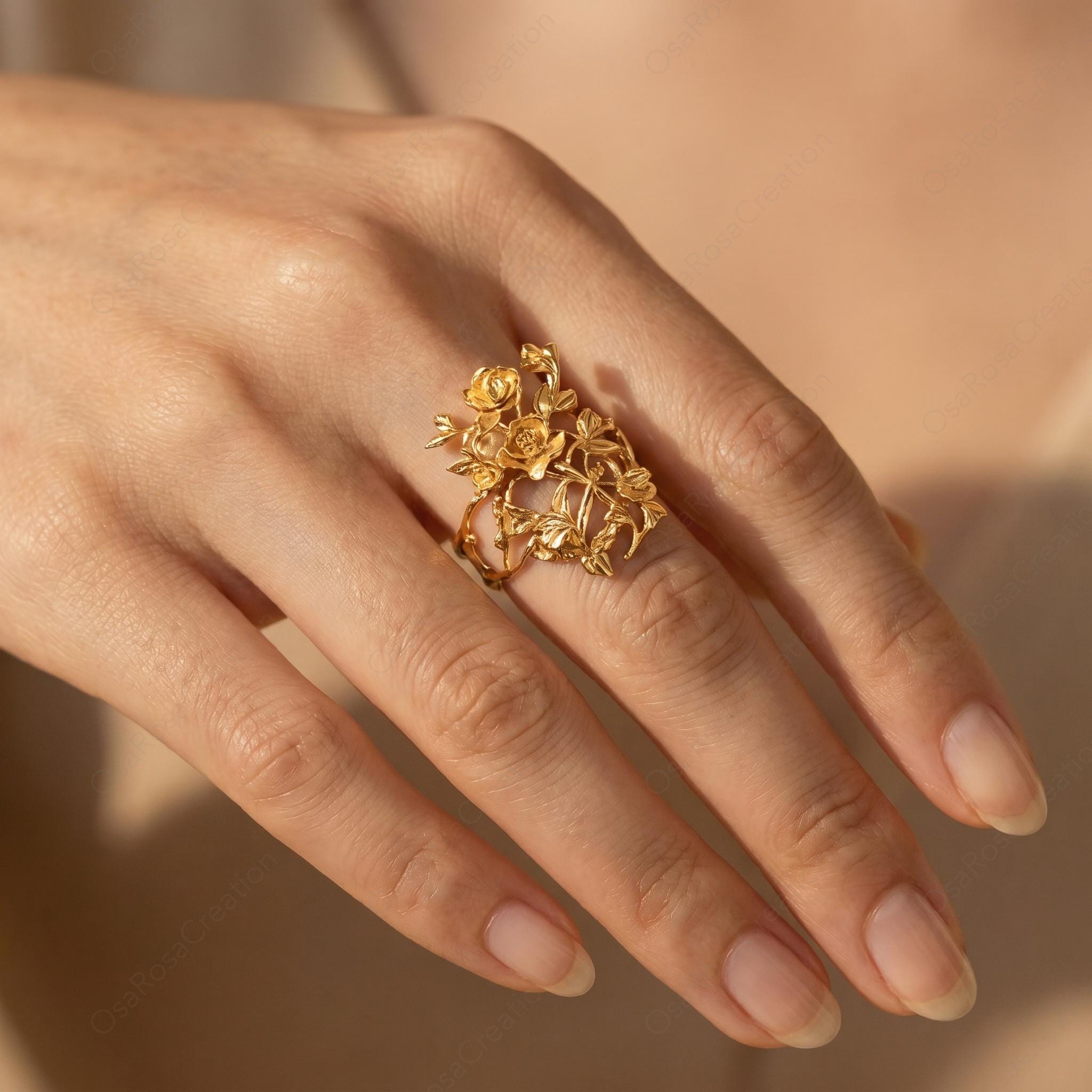Rose Adjustable Ring Gold Floral Design | Open Botanical Ring Baroque Style | Elegant Flower Ring for Women