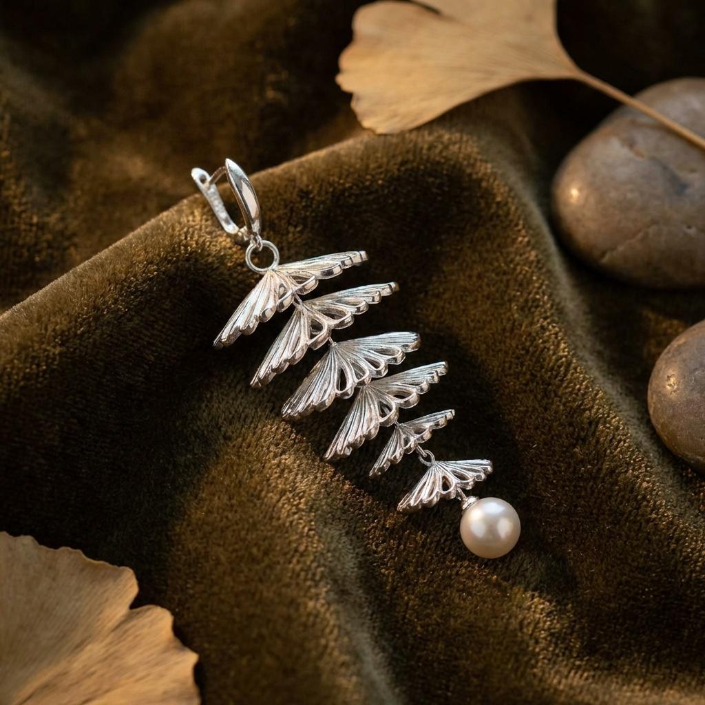 Matte Silver Ginkgo Leaf Earrings • Art Deco Pearl Duster
