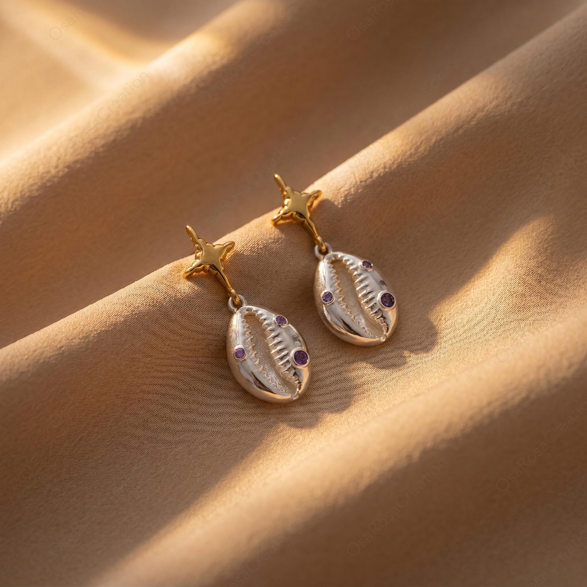 Cowrie Shell Star Dangle Earrings, Gold Plated Brass, Purple Stone Coastal Jewelry