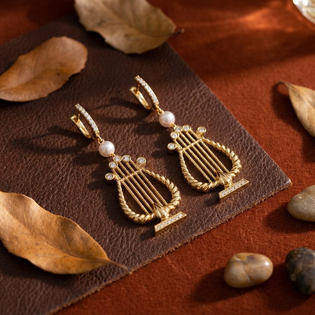 Pearl Lyre Harp Earrings • Gold Music Jewelry, Musician Gift
