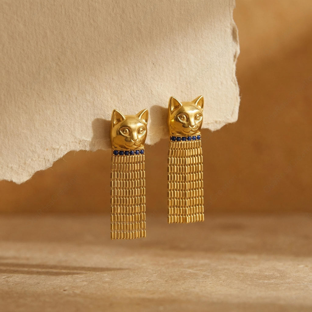 Sculptural Gold Cat Tassel Earrings Vintage Style Feline Fringe Drop Statement Jewelry