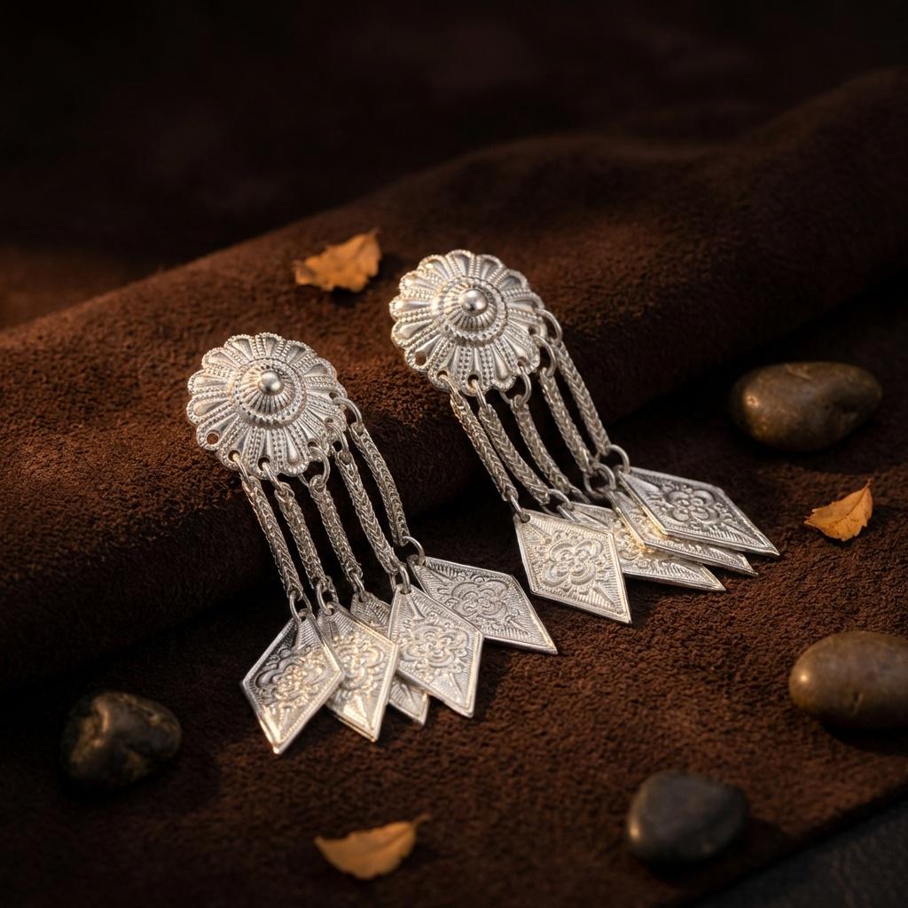 Silver Sunburst Tassel Earrings • Boho Flower Stud, Diamond Drop