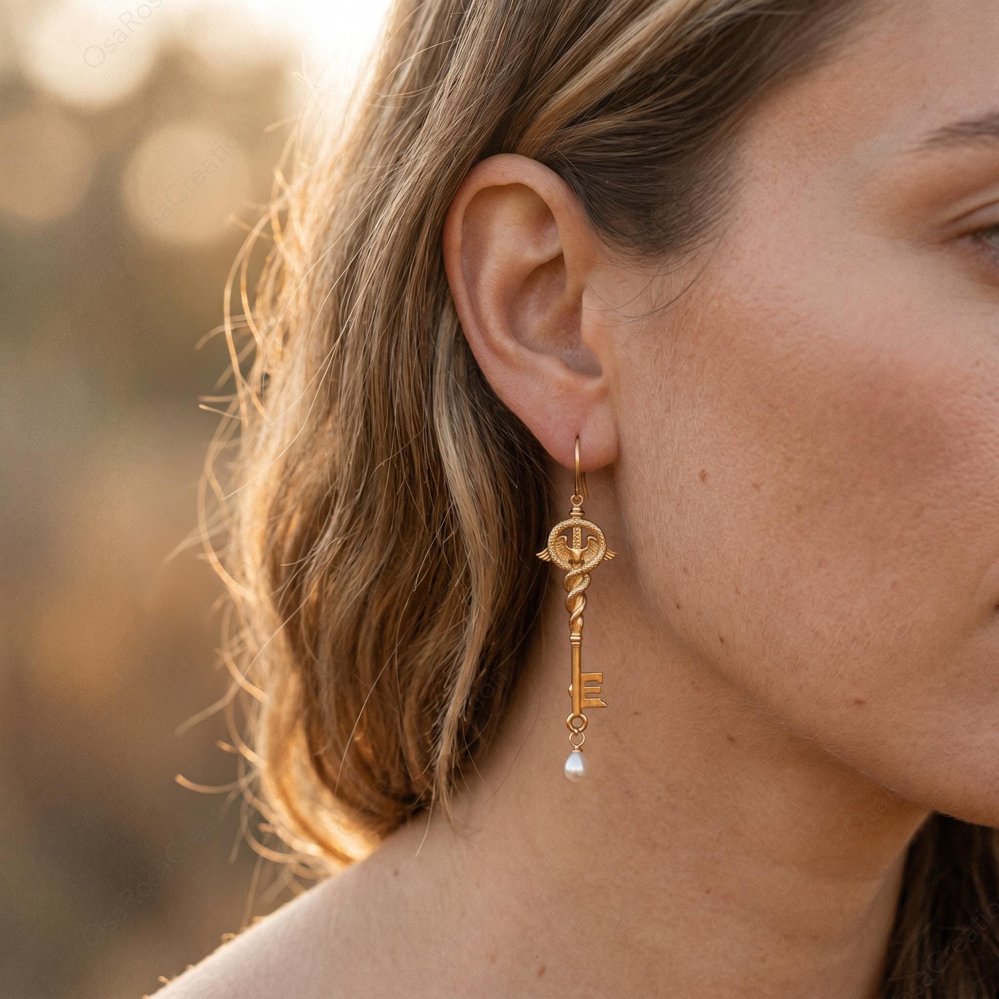 Mismatched Key Earrings • Lion & Caduceus • Pearl Drop, Sterling Silver Hooks