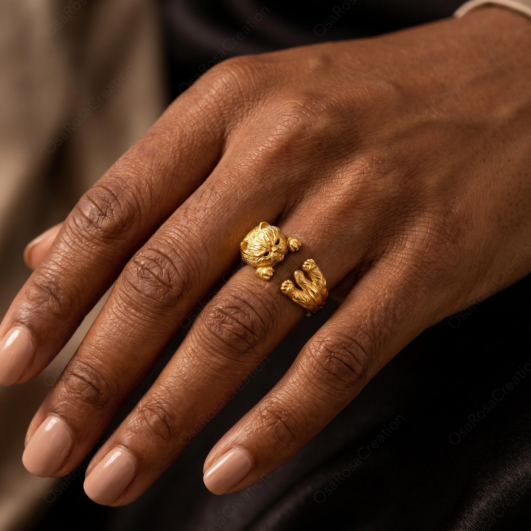 Sculptural Gold Cat Wrap Ring | Textured Feline Animal Jewelry
