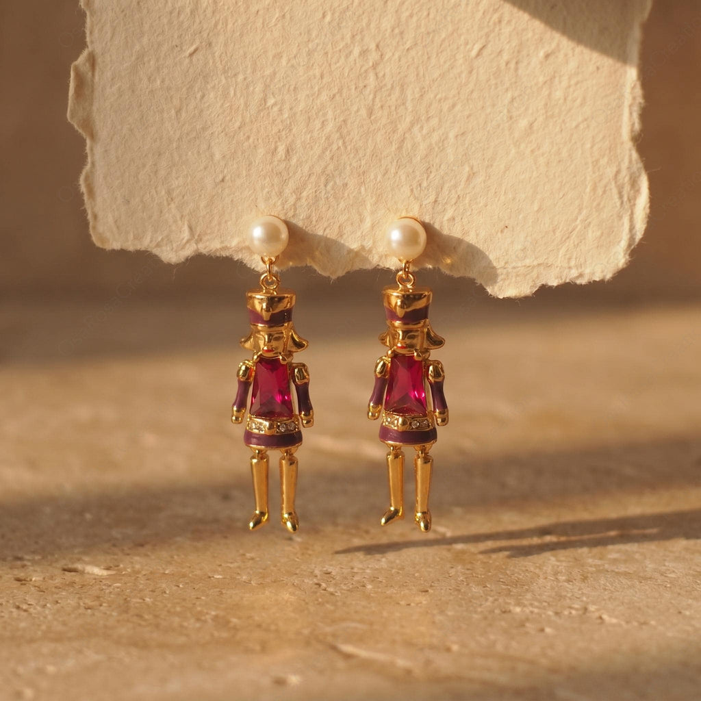 Vintage Nutcracker Pearl Earrings, Ruby Red Gemstone Toy Soldier Dangle Earrings, Festive Holiday Jewelry, Whimsical Artistic Statement Gift