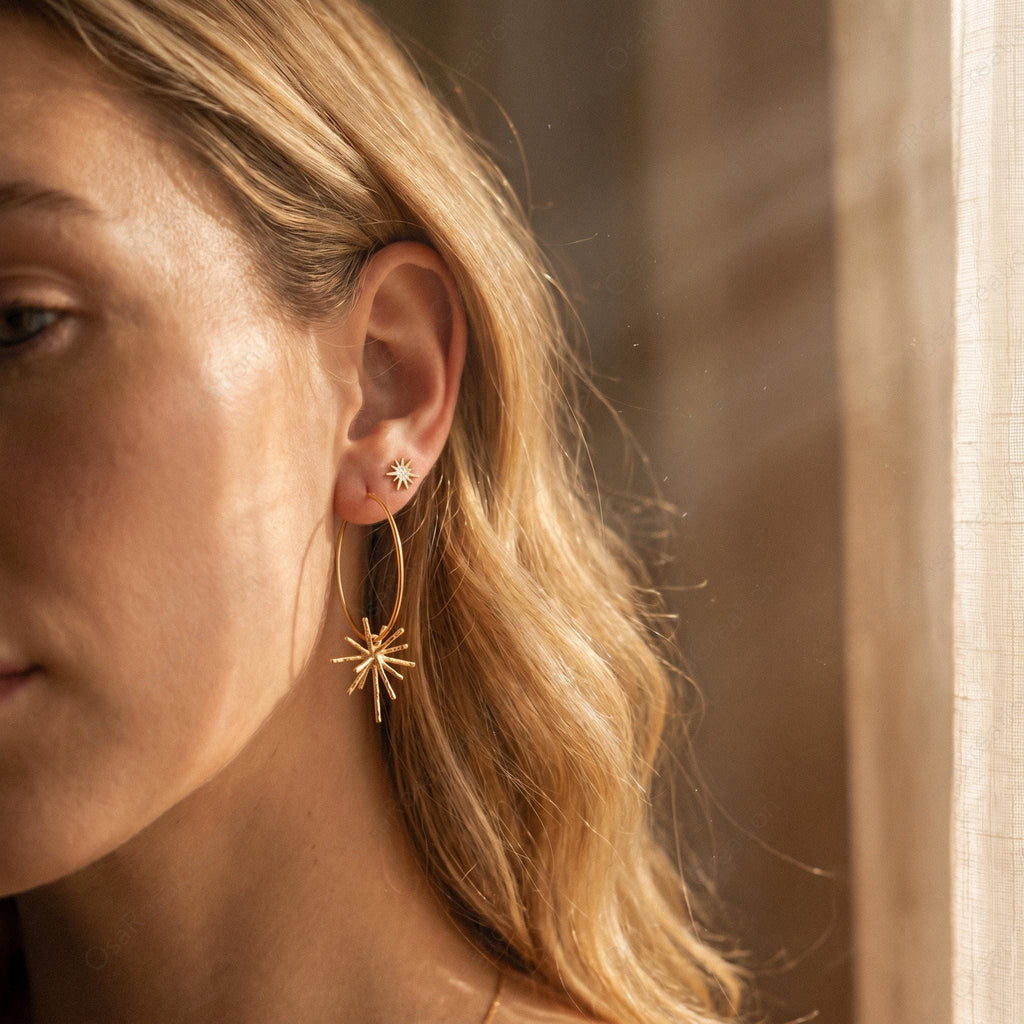 Hammered Gold Sunburst Hoop Earrings, Celestial Starburst Dangle Jewelry